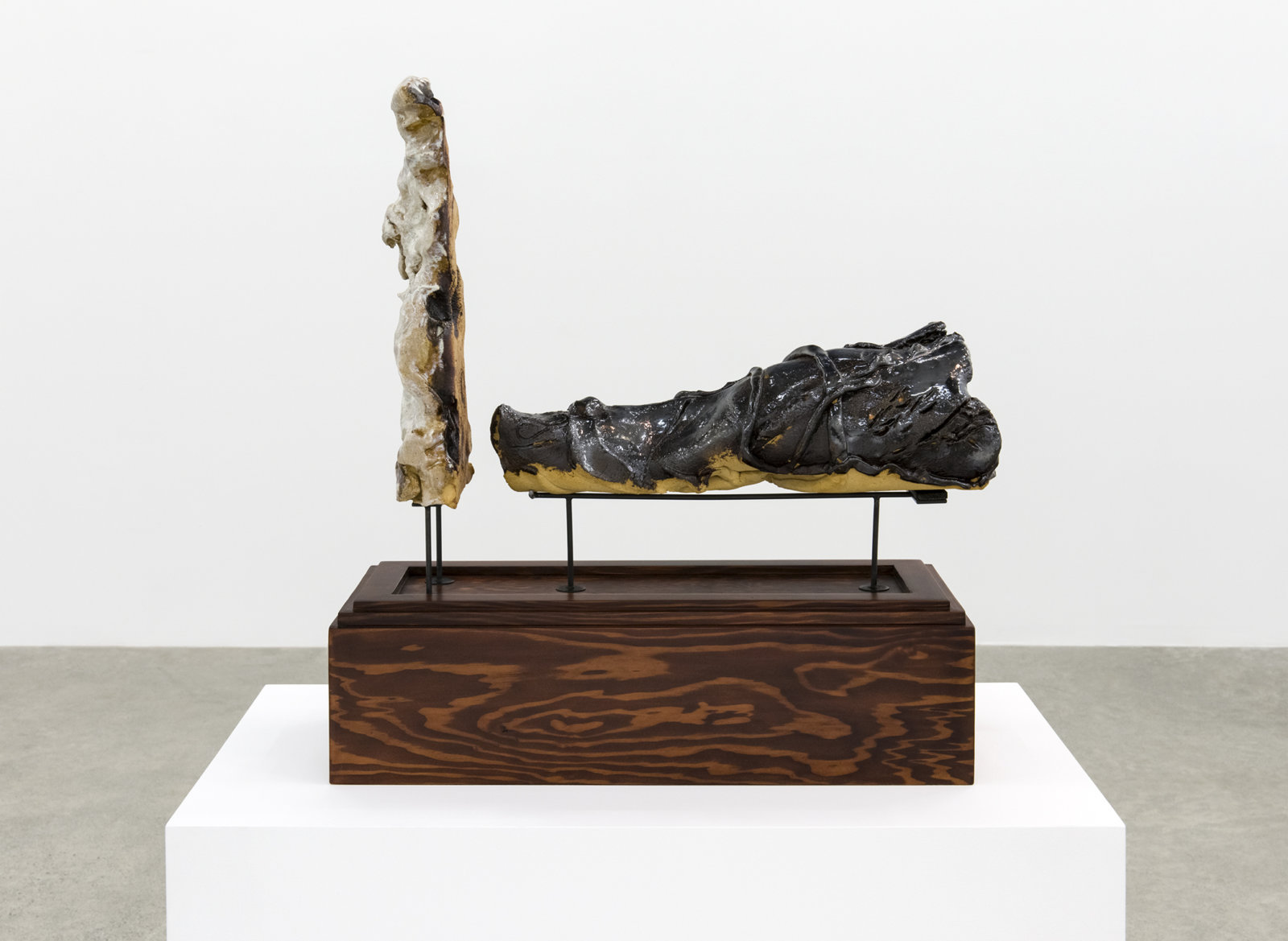 Damian Moppett, Figure with Shadow, 2016, glazed stoneware, wood, steel, 23 x 11 x 21 in. (57 x 27 x 53 cm)