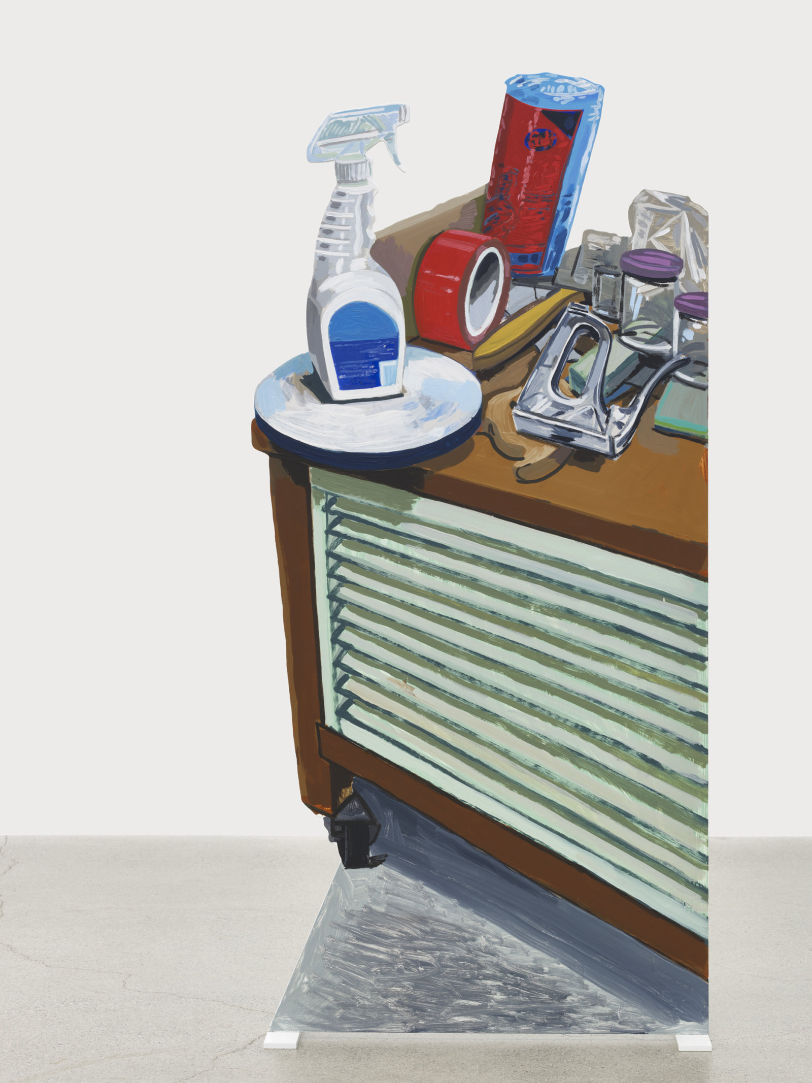 Damian Moppett, Flat Files and Cleaning Products, 2023, oil and enamel on aluminum, 59 x 28 in. (151 x 71 cm)