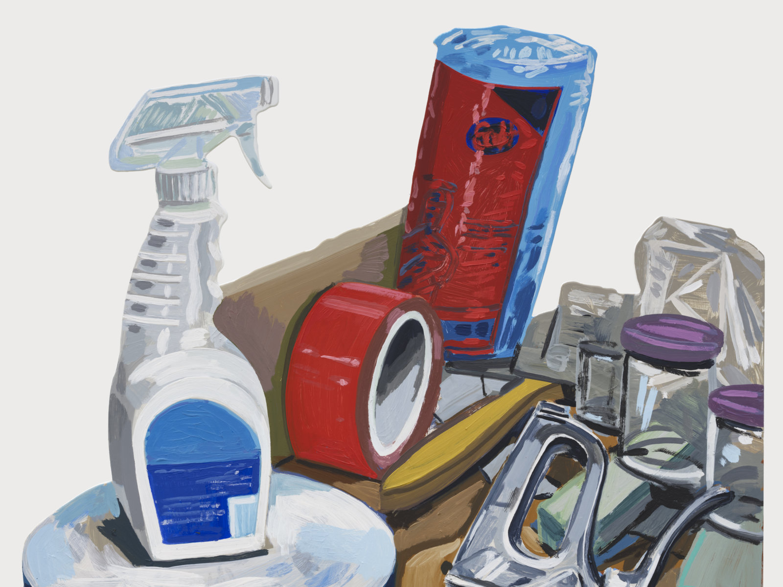 Damian Moppett, Flat Files and Cleaning Products (detail), 2023, oil and enamel on aluminum, 59 x 28 in. (151 x 71 cm)