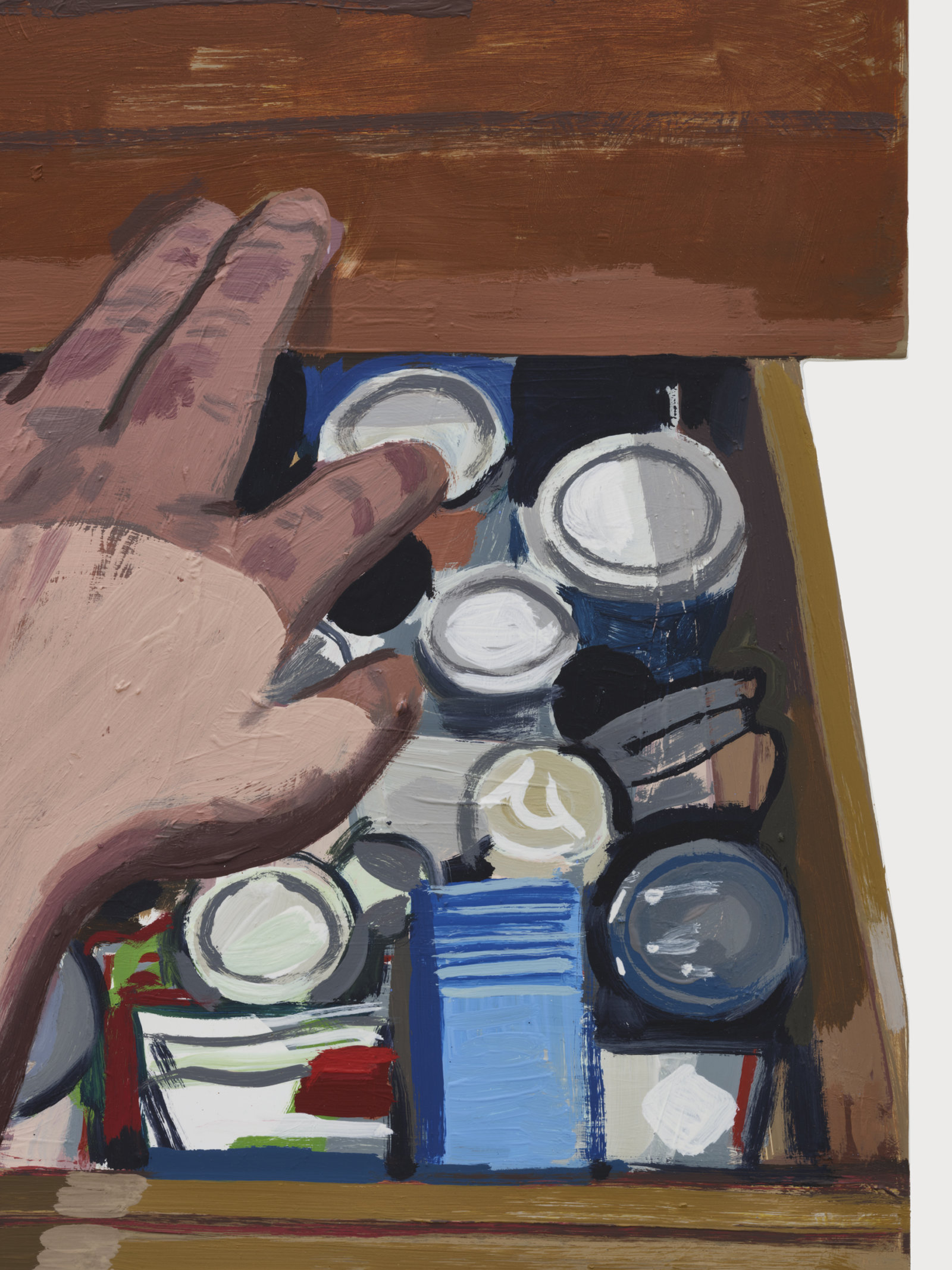 Damian Moppett, Hand in the Spice Drawer (detail), 2023, oil and enamel on aluminum, 45 x 14 in. (114 x 36 cm)