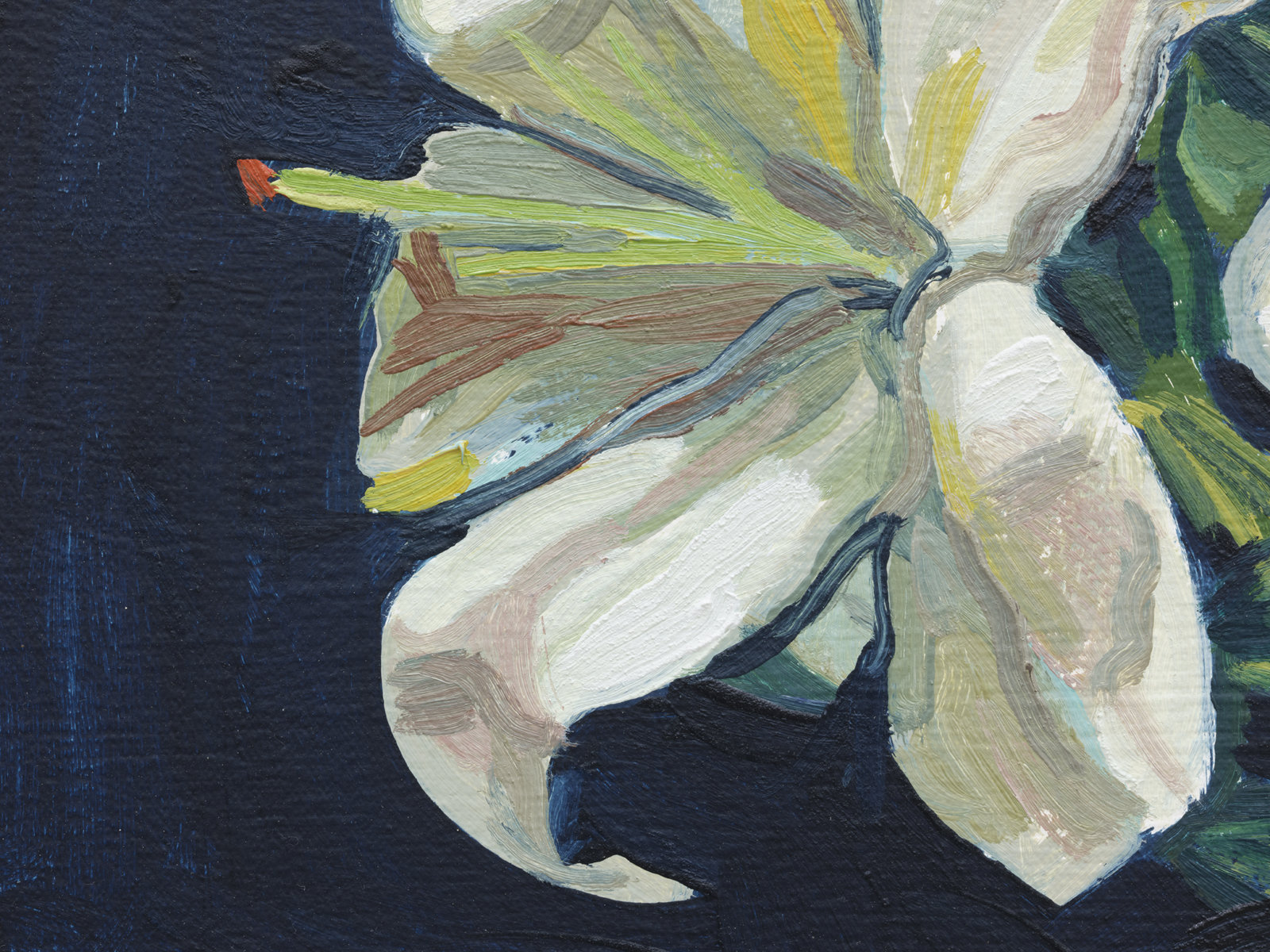 Damian Moppett, Lilies (Indigo) (detail), 2020, oil on canvas, 32 x 27 in. (82 x 69 cm)