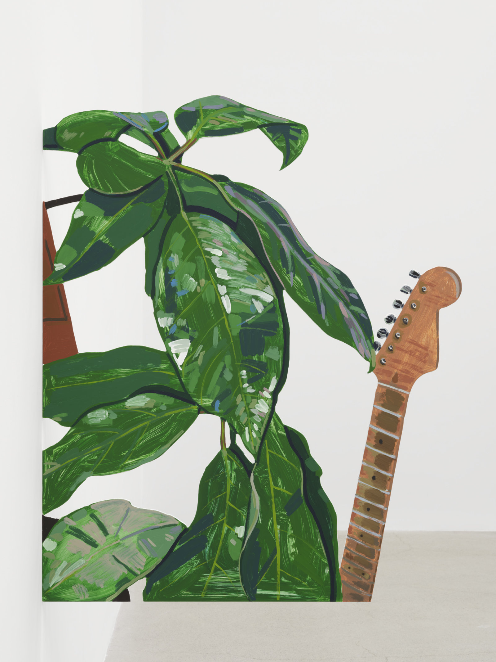 Damian Moppett, Plant and Guitar, 2023, oil and enamel on aluminum, 47 x 39 in. (119 x 98 cm)