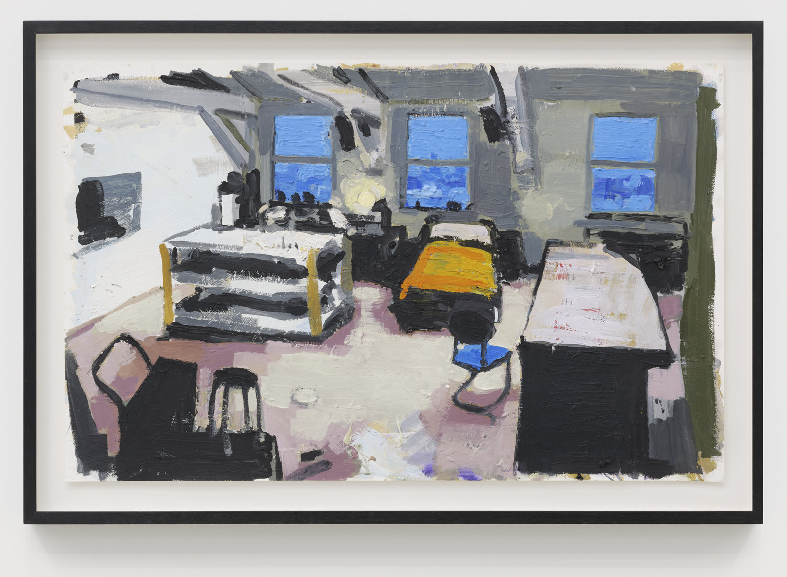 Damian Moppett, Studio with Blue Windows, 2007, oil on paper, 25 x 40 in. (64 x 100 cm)