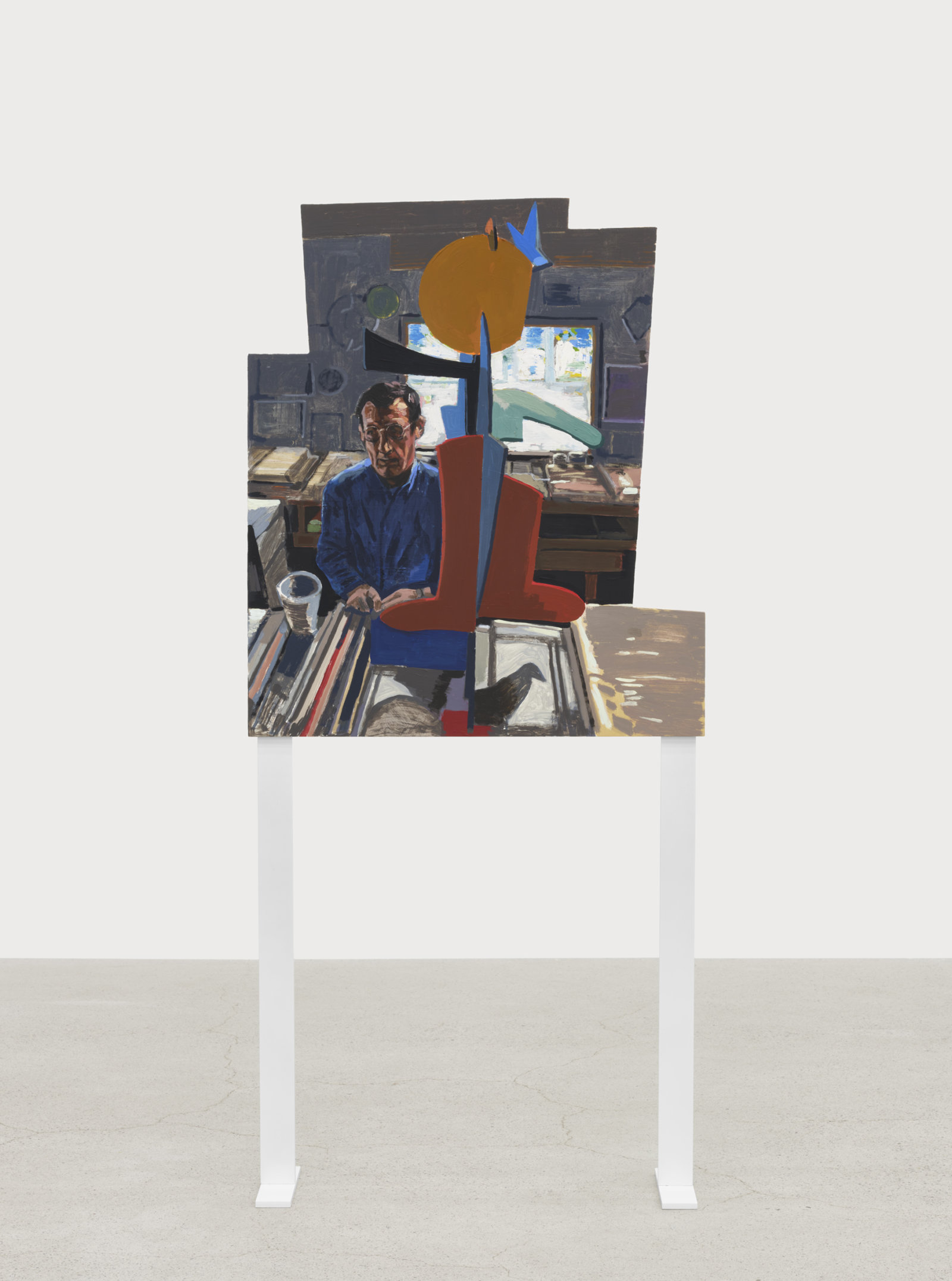 Damian Moppett, Studio with Maquette, 2023, oil and enamel on aluminum, 57 x 26 in. (145 x 66 cm)