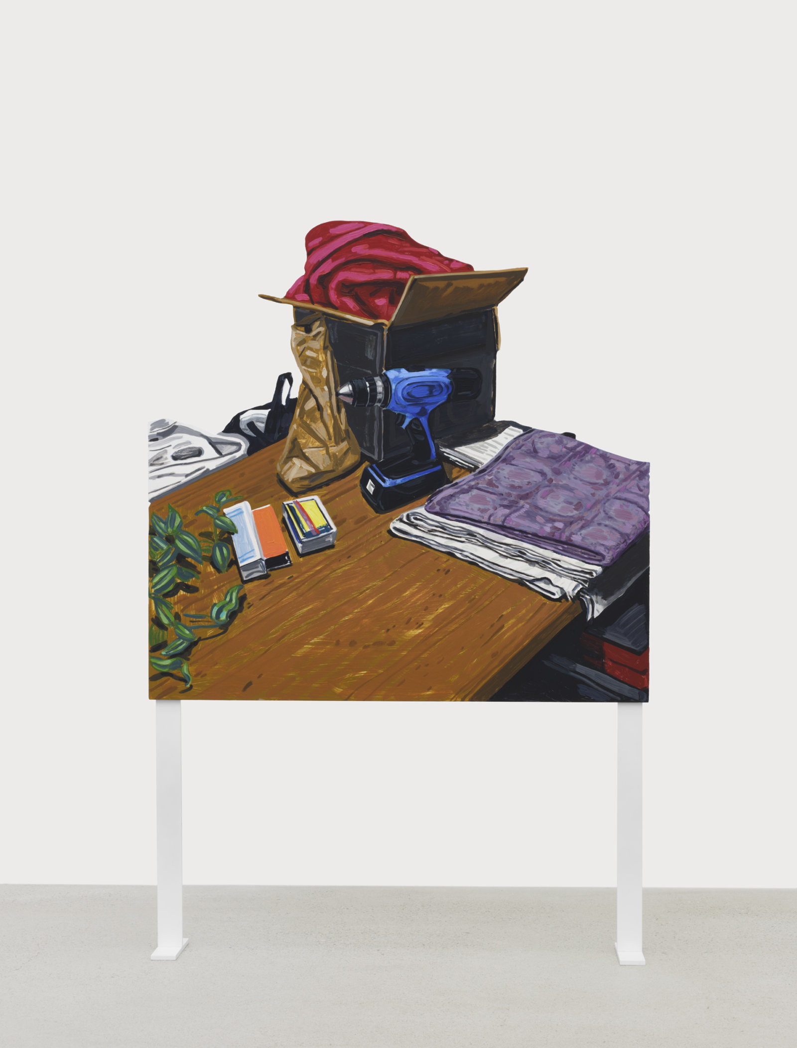 Damian Moppett, Towels and Drill, 2023, oil and enamel on aluminum, 59 x 40 in. (149 x 102 cm)