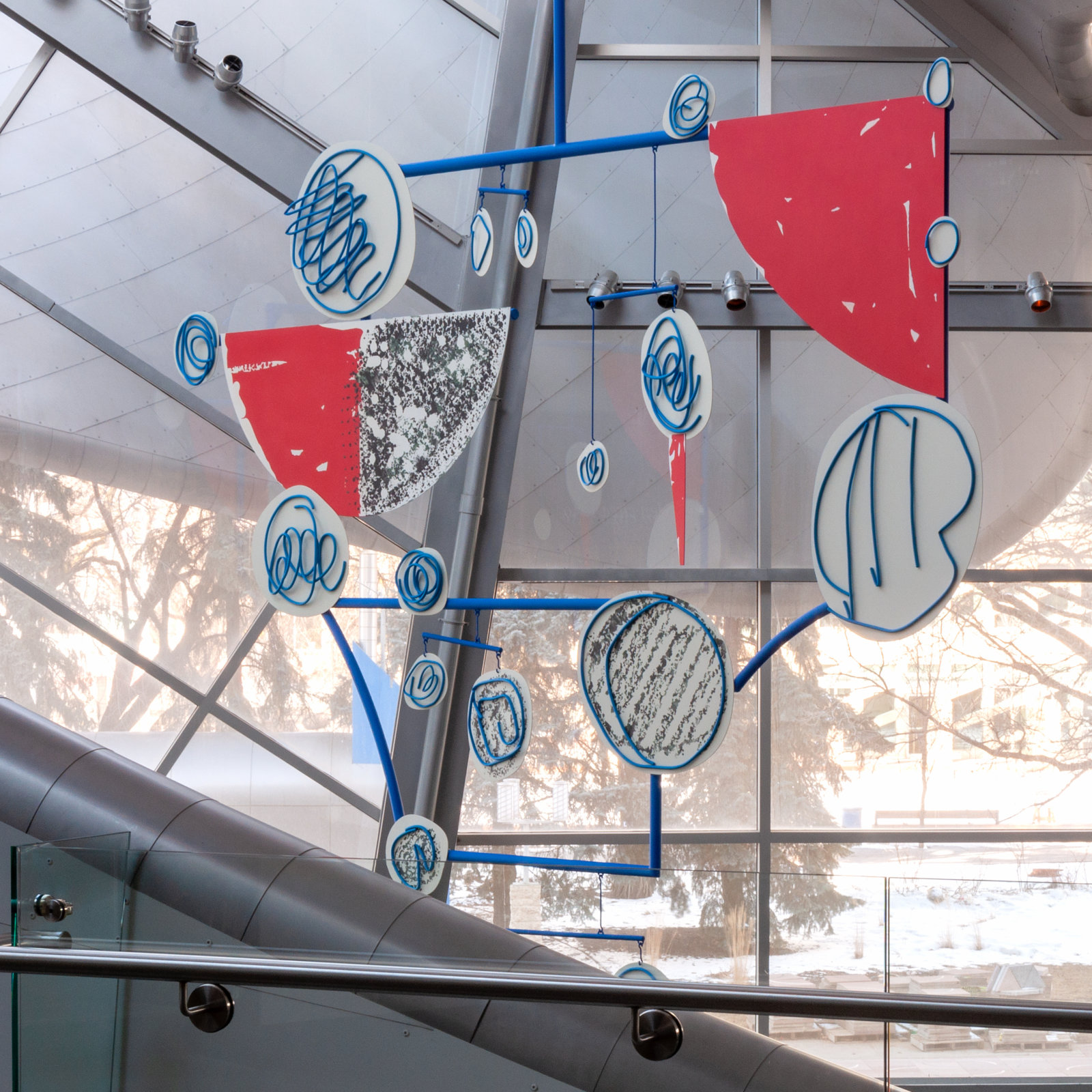 Damian Moppett, Untitled Abstract Drawing in Space, 2020, stainless steel, aluminum plate, copper pipe, enamel, 190 x 196 in. (481 x 497 cm). Installation view, Art Gallery of Edmonton, 2020
