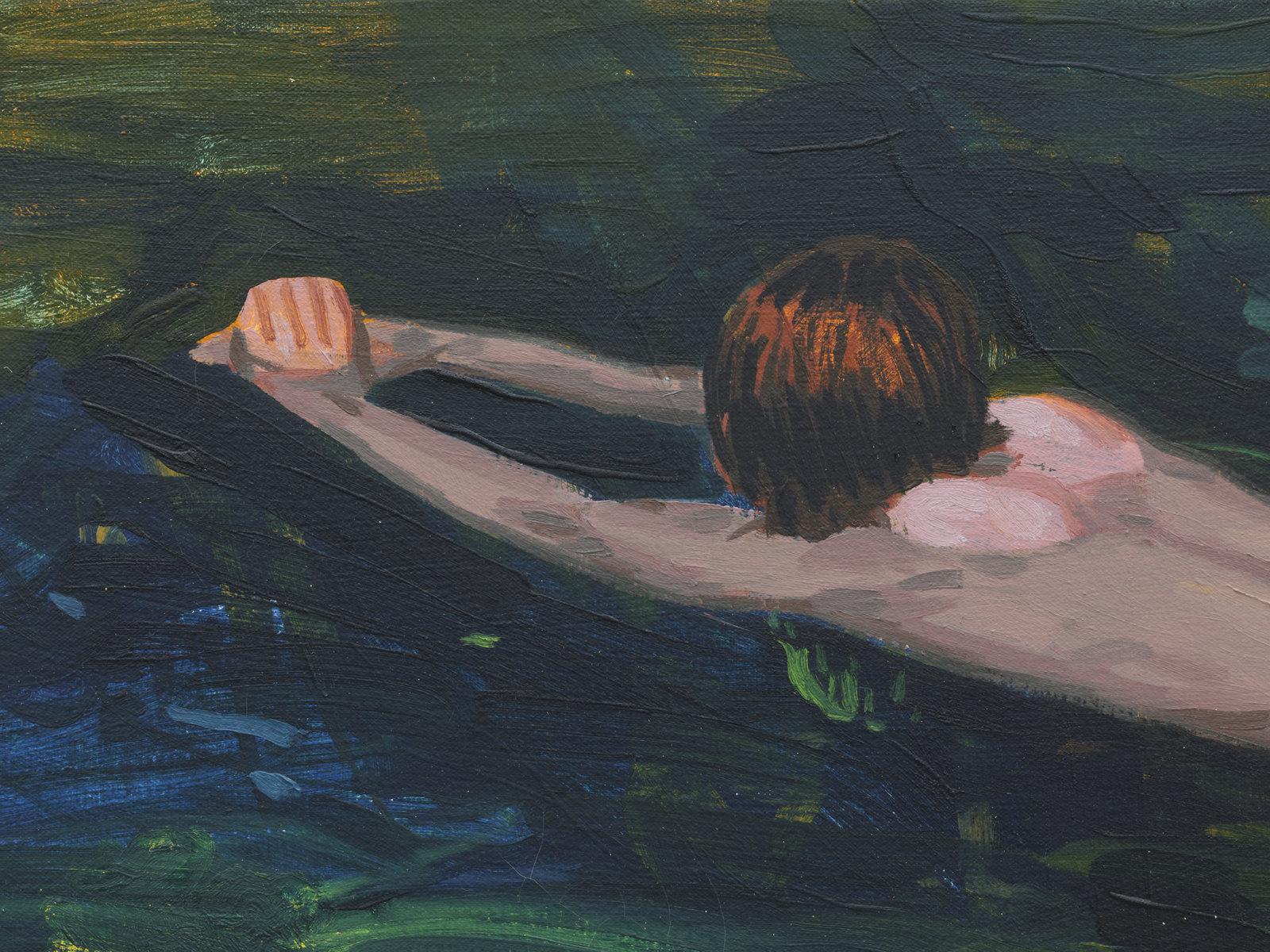 Damian Moppett, Untitled (Green Swimming) (detail), 2020, oil on canvas, 27 x 32 in. (69 x 82 cm)