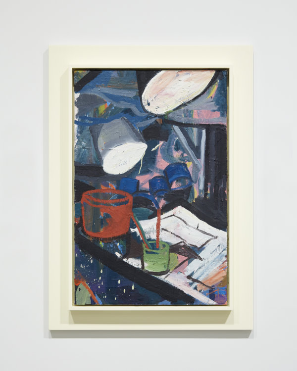 Damian Moppett, Dark Lights in Studio, 2010, oil on linen and wood frame, 41 x 30 in. (104 x 75 cm). Installation view, Every Story Has Two Sides, Art Gallery of Alberta, Edmonton, 2016