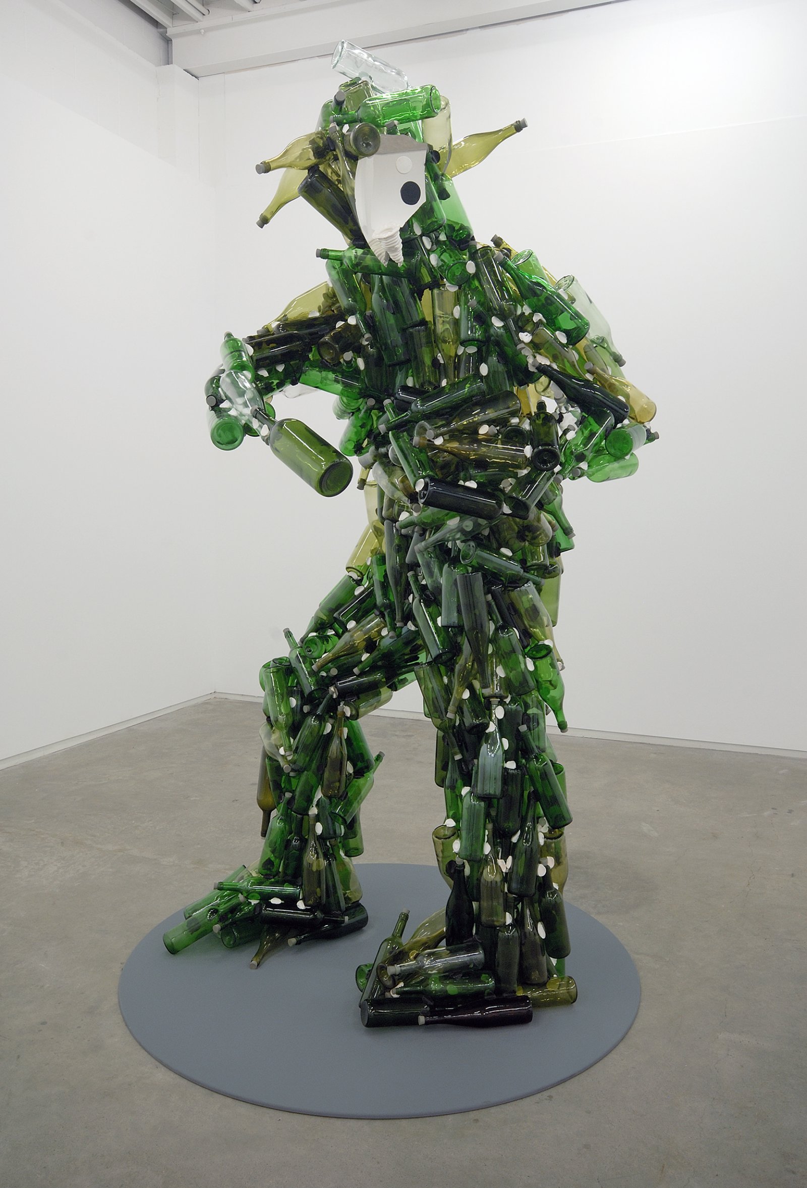 Jerry Pethick, Le Semeur/Sunlight and Flies, 1984–2002, glass bottles, silicone, rubber corks, aluminum, surveillance mirror, 95 x 48 x 43 in. (240 x 122 x 110 cm)   by Jerry Pethick