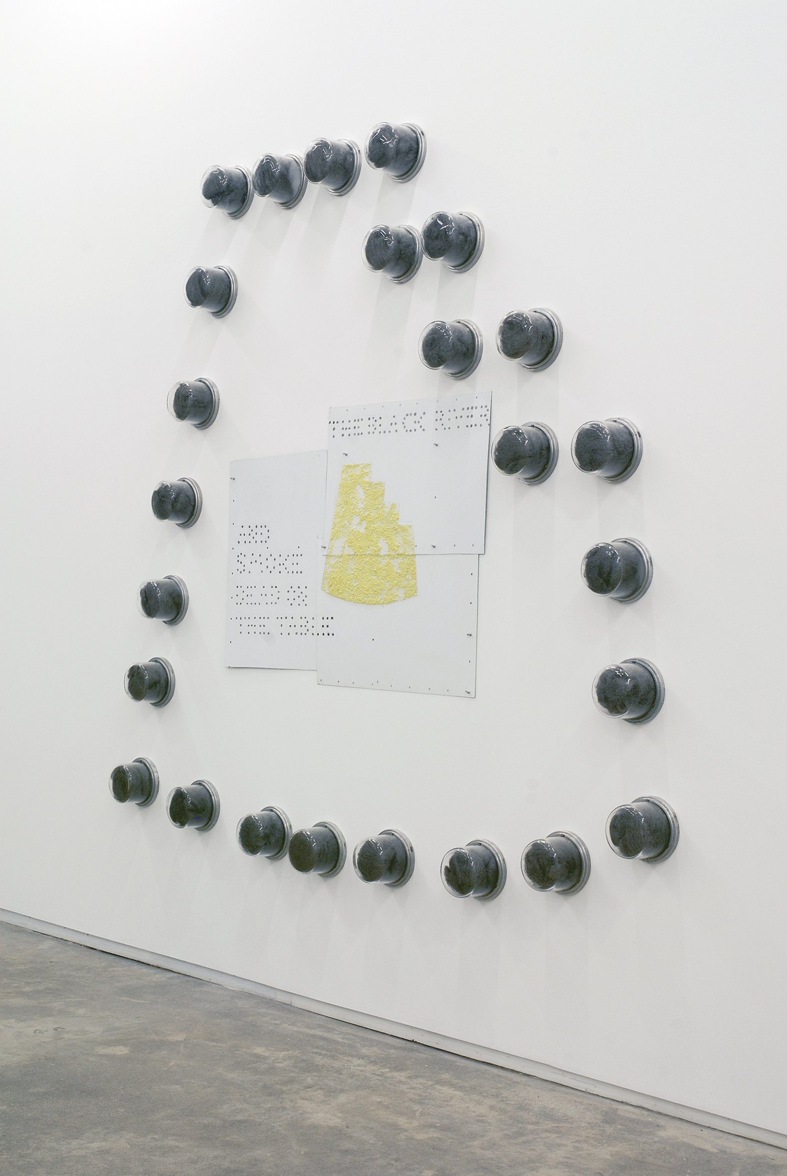 Jerry Pethick, The Last View, 1989, 22 meter covers, steel wool, aluminum, graphite, sulphur, aluminum push-pins, enamelled steel, 106 x 95 x 5 in. (270 x 240 x 12 cm)   by Jerry Pethick