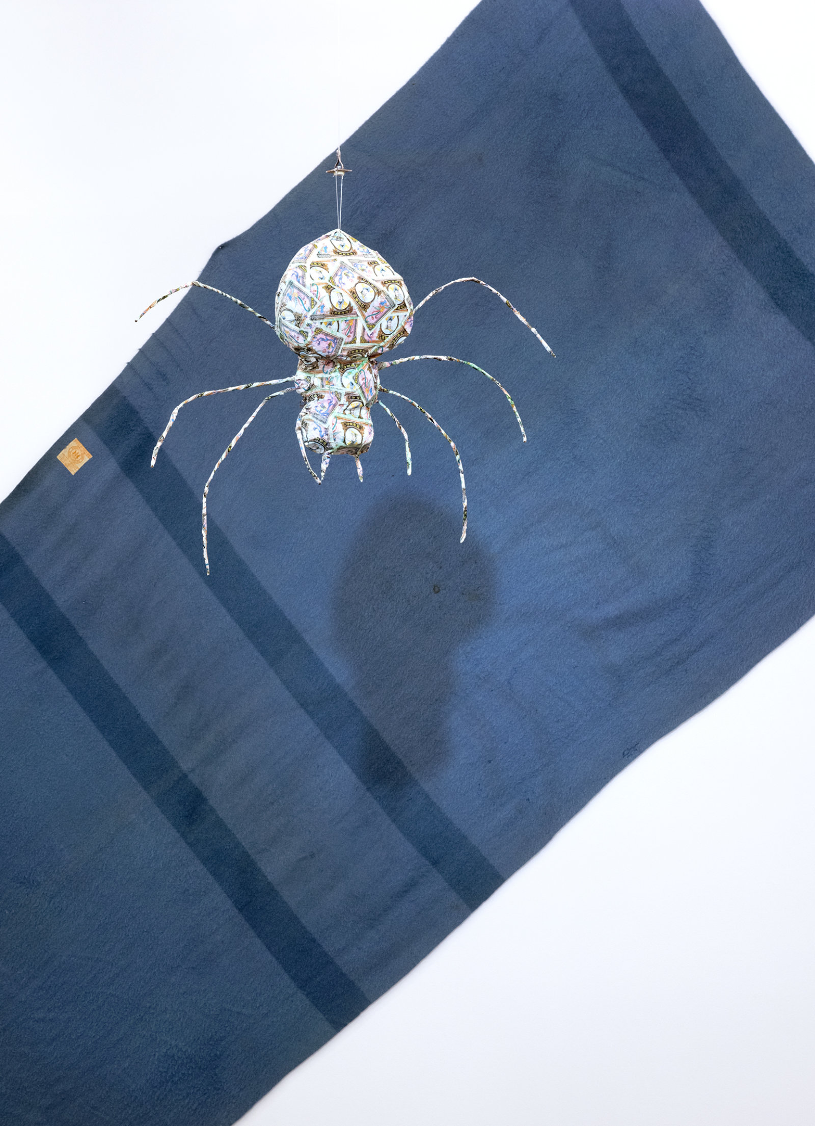 Jerry Pethick, Bigger than a book, Wilder than a Tree (detail), 1994–1997, found book Irish Giant, paint, graphite on linen, styrofoam, cibachrome photograph, wool blanket, spotlight, papier-mâché, metal spider, dimensions variable
