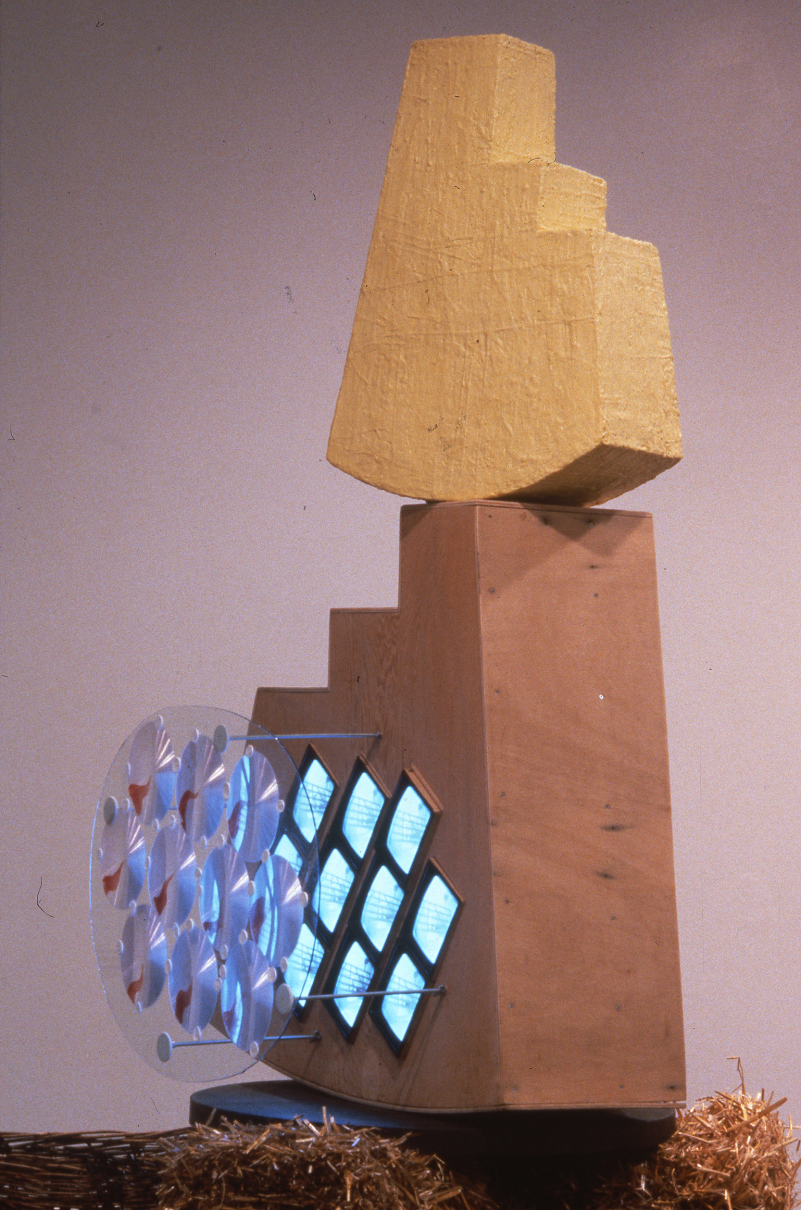 Jerry Pethick, Drawn on the Eye (detail), 1991–1994, straw bales, gate, monitors, cameras, wood, enamelled steel, sulphur, lenses, pail, basket, transformers, 156 x 360 x 132 in. (396 x 914 x 335 cm)