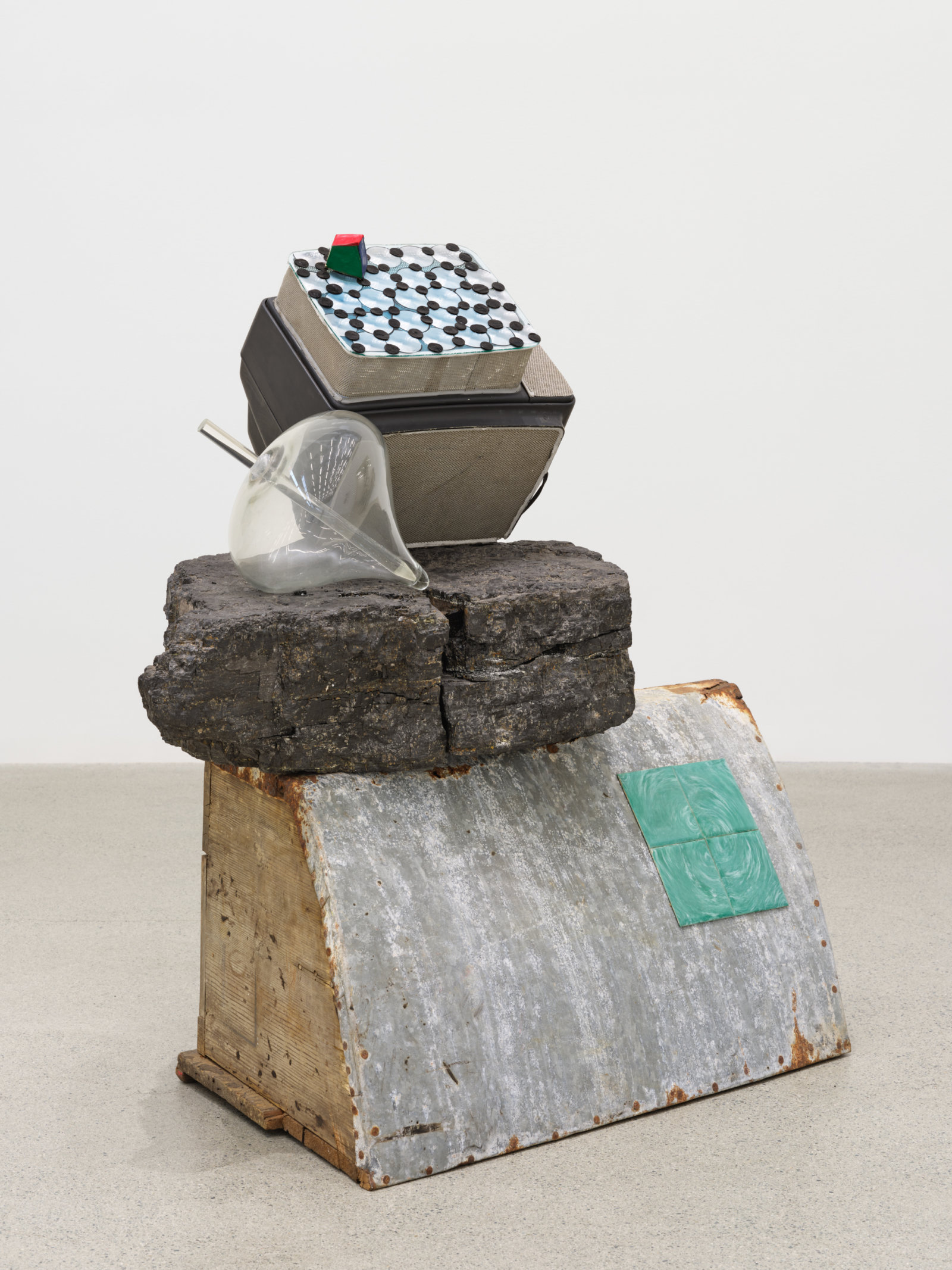 Jerry Pethick, Floating Free, 1972–1993, wood, galvanized metal, plastic, coal, TV, duratrans, blown glass, lenses, aluminum, tiles, silicone, 43 x 27 x 42 in. (109 x 67 x 105 cm)