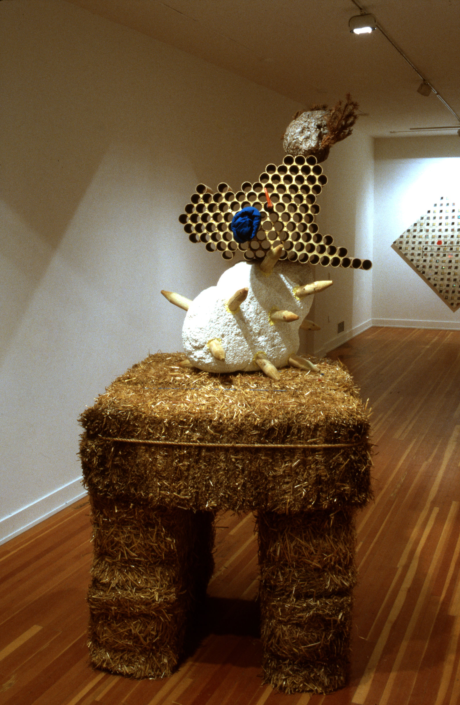 Jerry Pethick, Gobi Clone, 1996/1997, straw bales, styrofoam, wood, cardboard, hornet's nest, anodized aluminum, polypropylene rope, cloth, orange rubber, iron wire, sulphur, dried fir needles, 107 x 55 x 46 in. (272 x 140 x 117 cm)