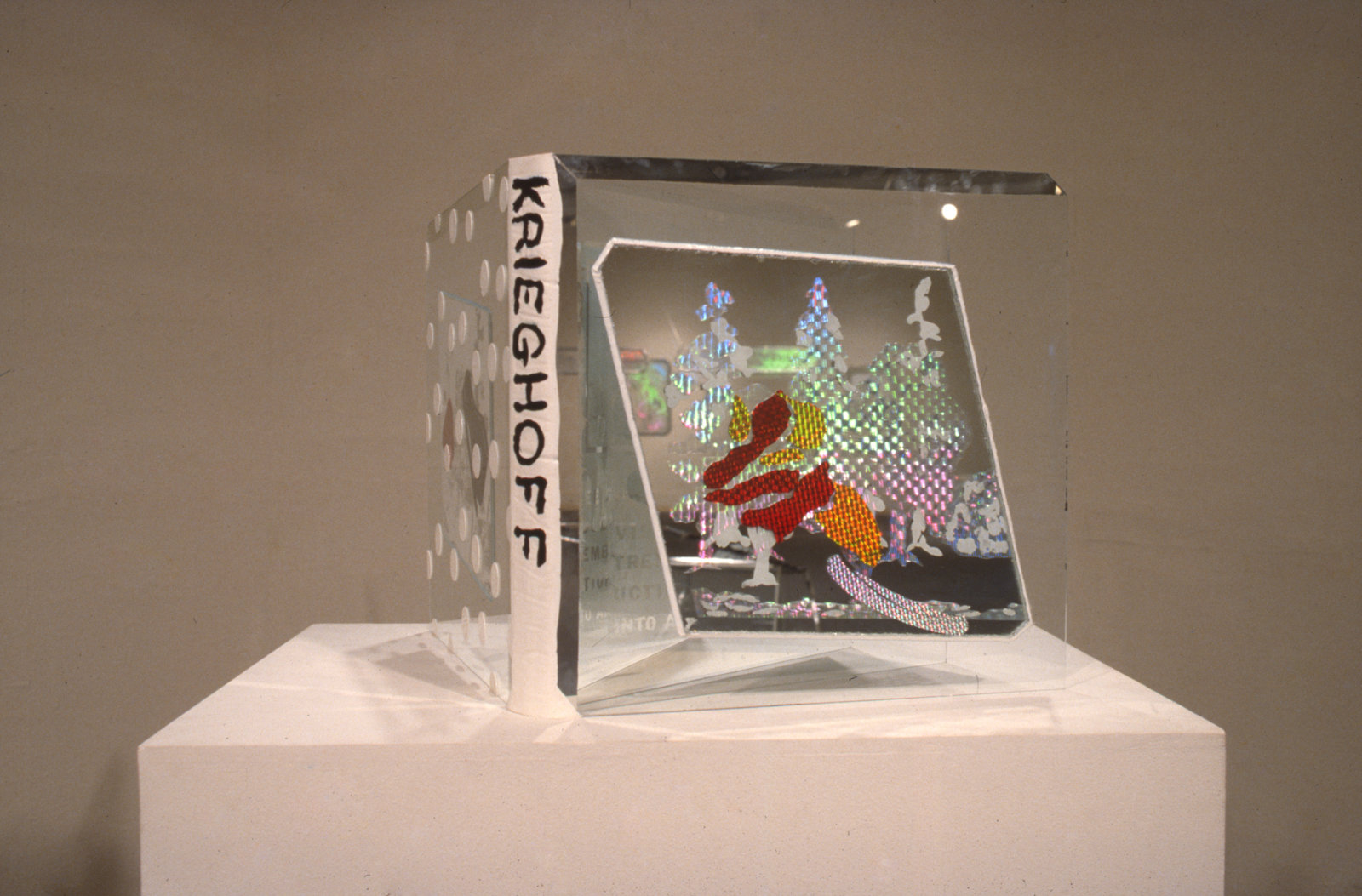 Jerry Pethick, Krieghoff Book, 1978–1979, etched glass, mirror, silicone sealant, coloured diffraction grating, 18 x 18 x 2 in. (46 x 46 x 5 cm)