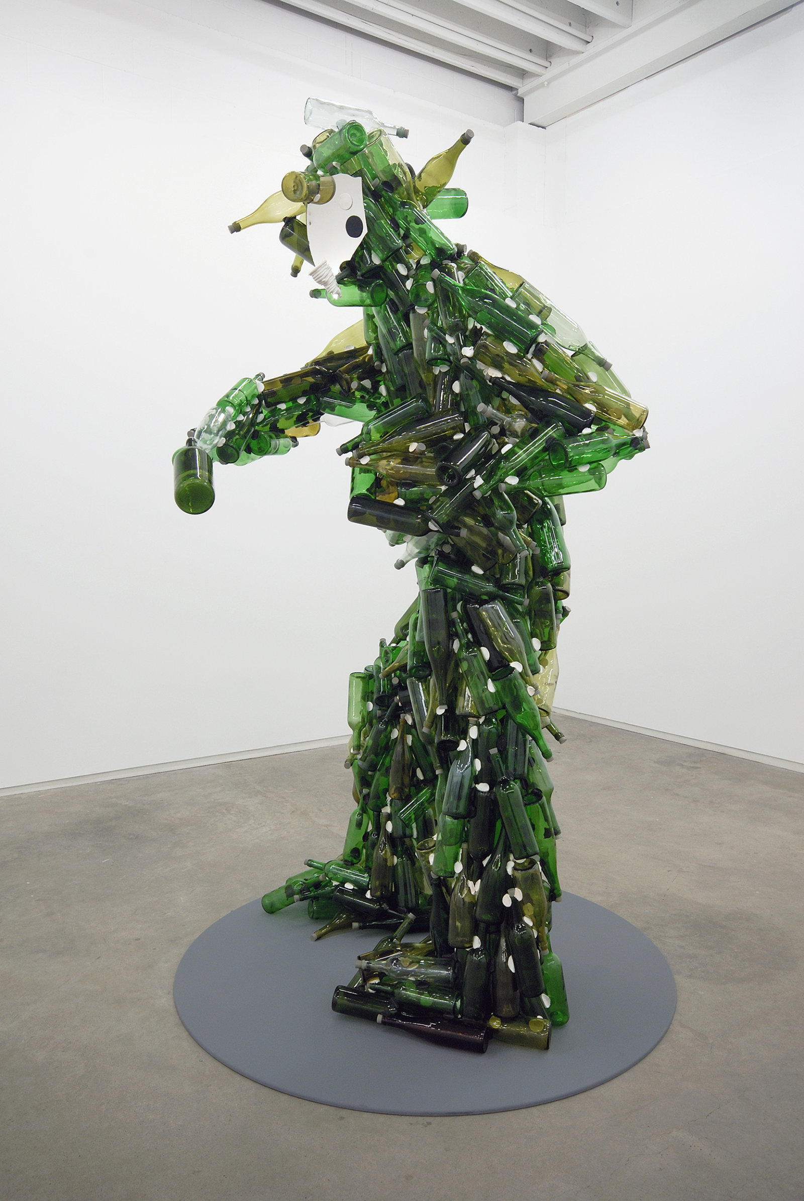 Jerry Pethick, Le Semeur/Sunlight and Flies, 1984–2002, glass bottles, silicone, rubber corks, aluminum, surveillance mirror, 95 x 48 x 43 in. (240 x 122 x 110 cm)  