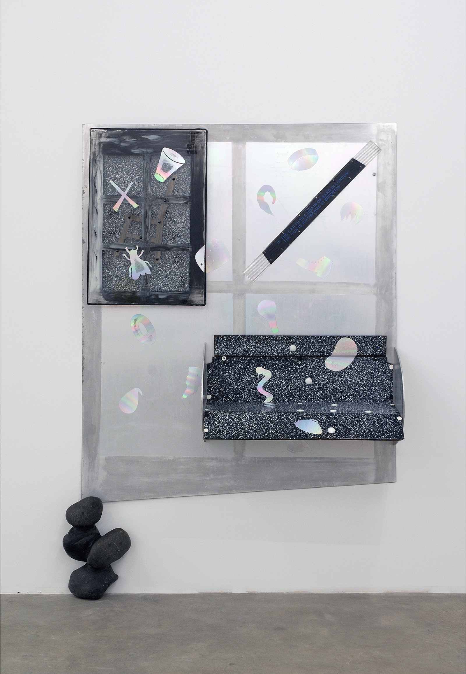 Jerry Pethick, Outskirts, 1987–1988, aluminum, stones, enamelled steel, silicone, spectrafoil, wood, prismatic bakelite, glass, 85 x 56 x 15 in. (215 x 142 x 37 cm)  