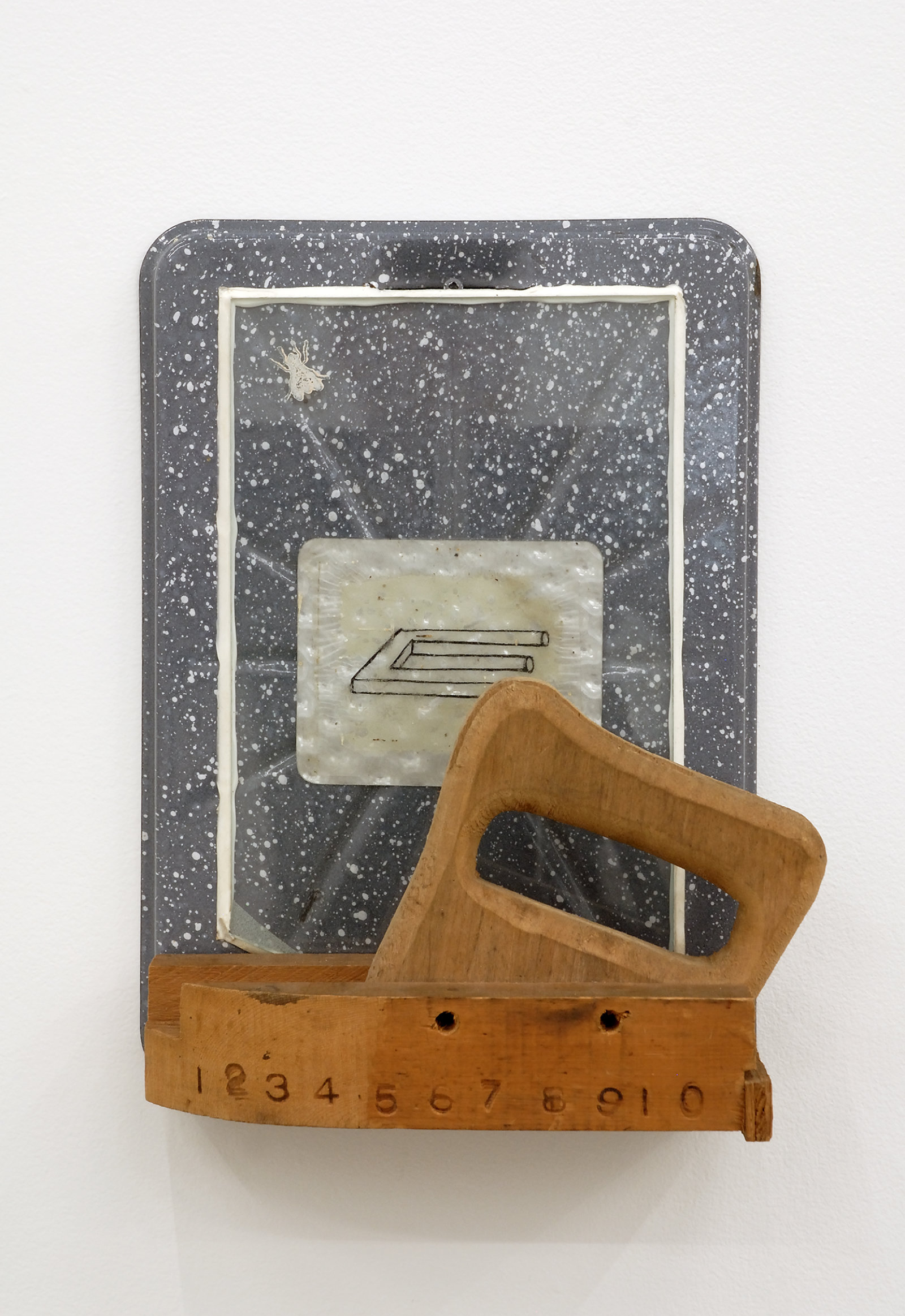 Jerry Pethick, Proximity Device, 1990, enamelled steel broiler, ink drawing on devil's tuning fork on rolux, wood, fly stamp, 13 x 10 x 4 in. (33 x 25 x 10 cm)  