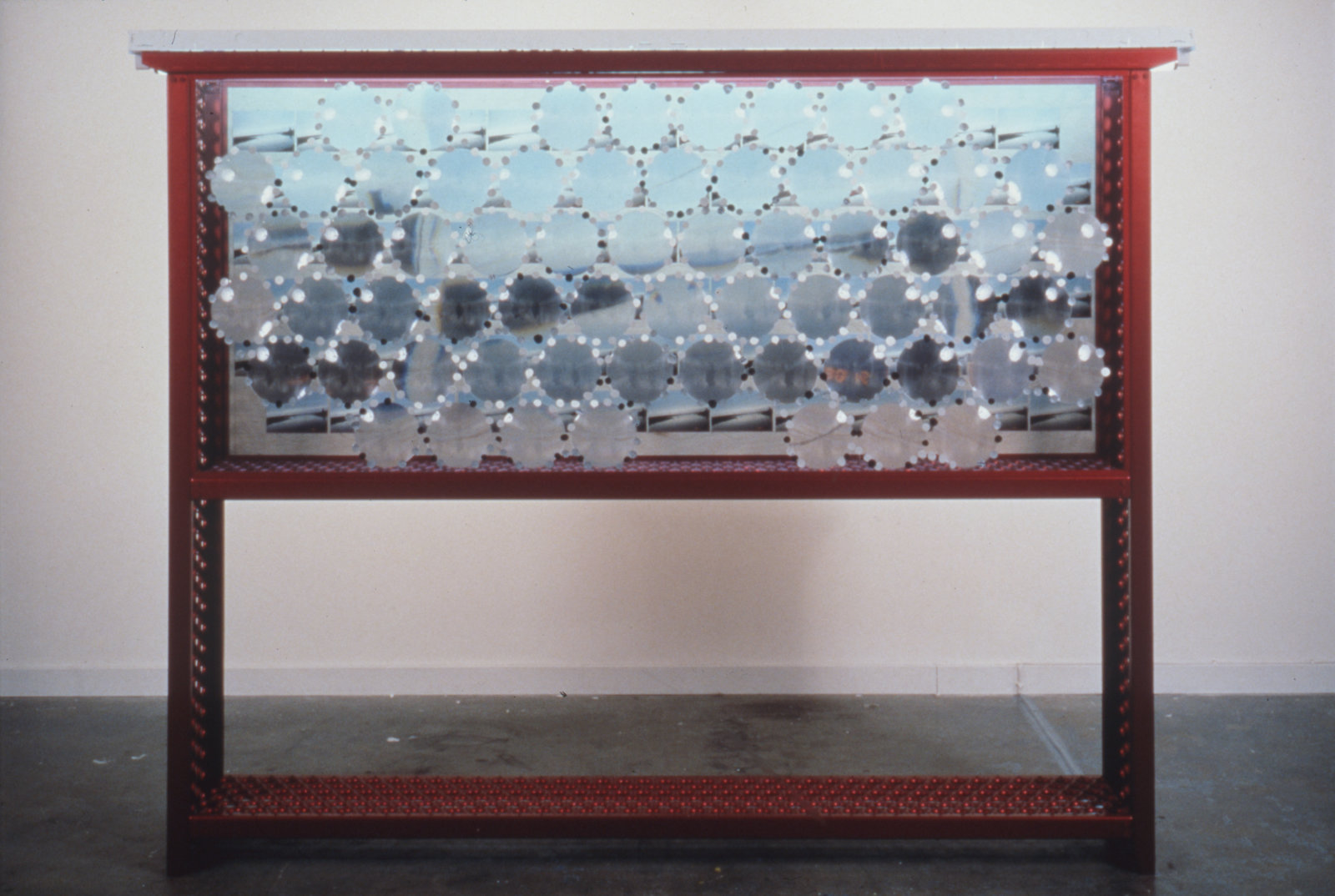 Jerry Pethick, Rossbrin Cabinet, 1997–2000, glass, photos, lenses, anodized aluminum, 73 x 83 x 12 in. (185 x 211 x 31 cm)