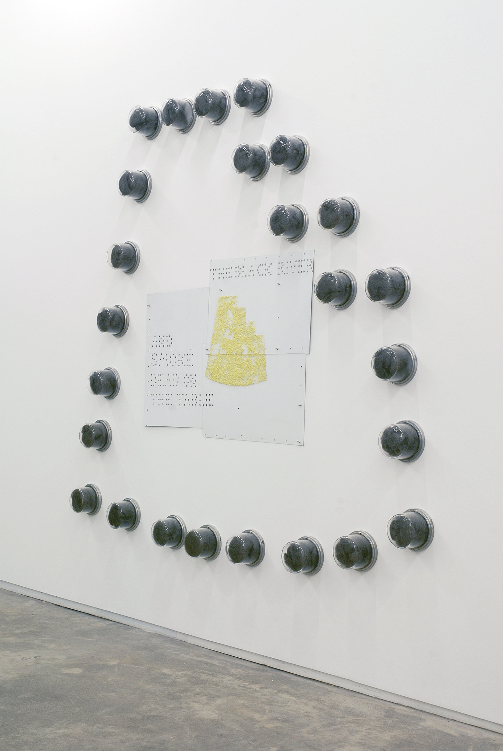 Jerry Pethick, The Last View, 1989, 22 meter covers, steel wool, aluminum, graphite, sulphur, aluminum push-pins, enamelled steel, 106 x 95 x 5 in. (270 x 240 x 12 cm)  