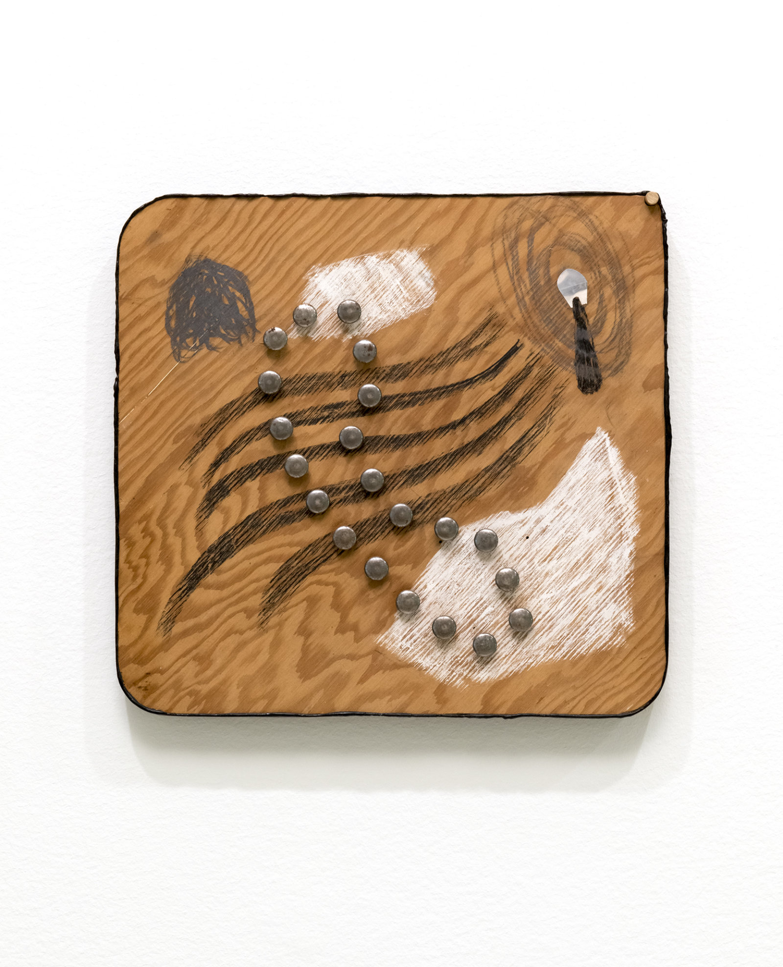 Jerry Pethick, To Your Ghost, 1993, wood, metal, paint, silicone, crayon, 16 x 17 x 1 in. (40 x 42 x 4 cm)