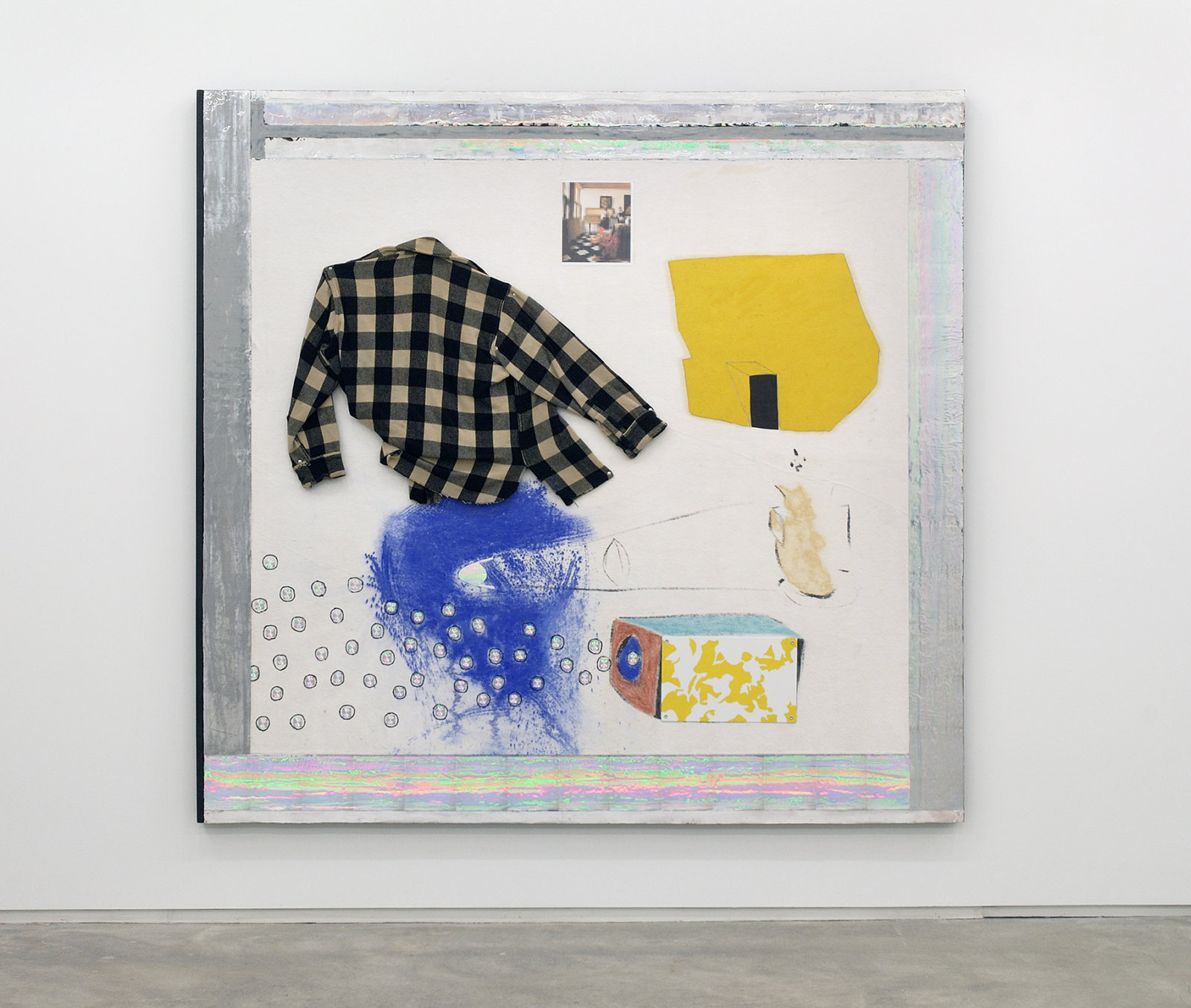 Jerry Pethick, Vermeeror, 1995–1997, wool shirt, spectrafoil, sulphur, chalk, pastel, inkjet print, felt, acrylic paint, aluminum push-pins, 80 x 83 x 3 in. (203 x 211 x 8 cm)  