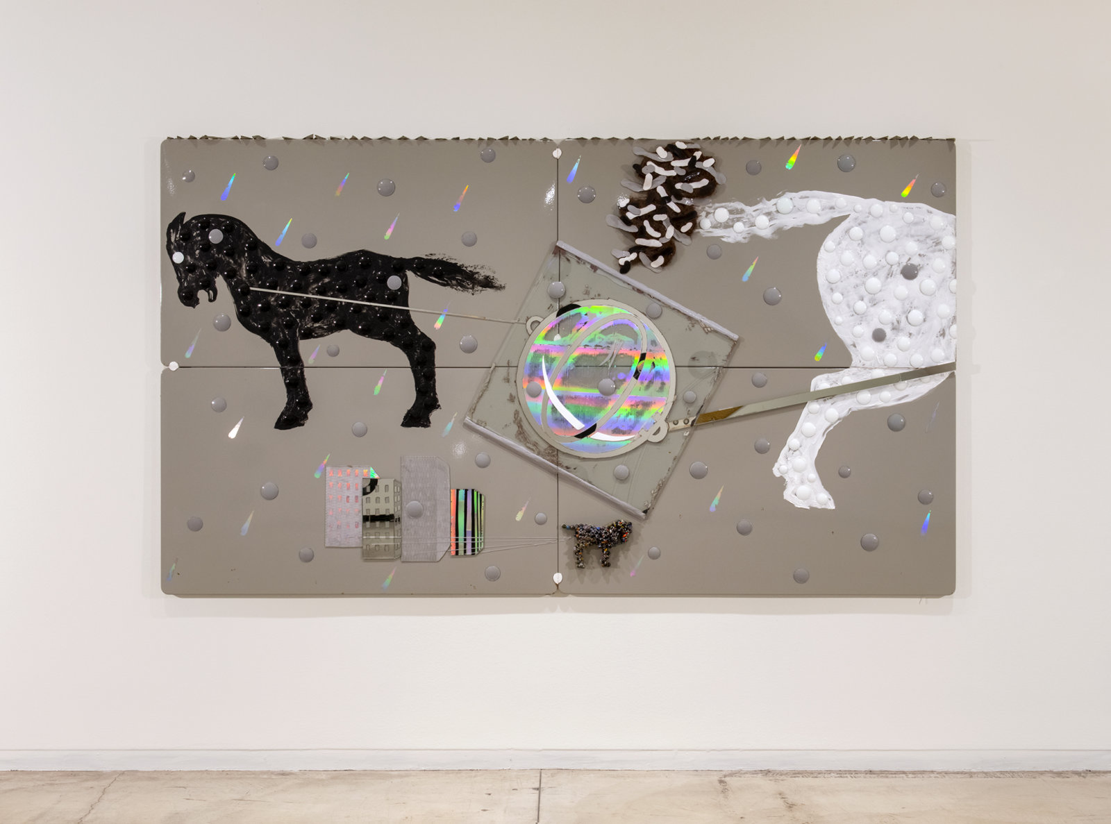 Jerry Pethick, Working the Reign, 1985, enamelled steel, watch glass, silicone, silver diffraction foil, aluminum, etched mirror, marbles, steel wool, mirror, 110 x 39 x 2 in. (280 x 100 x 6 cm)
