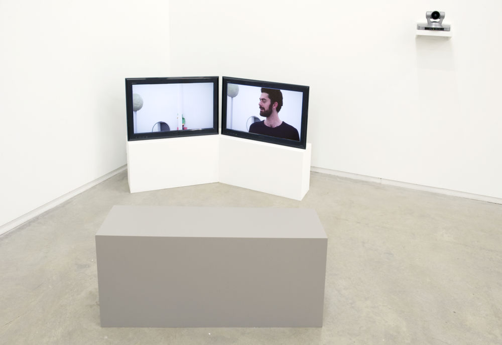 Judy Radul, Clients and Workers, 2011, live and pre-recorded video, objects, tape, painted copper and aluminum, dimensions variable by 