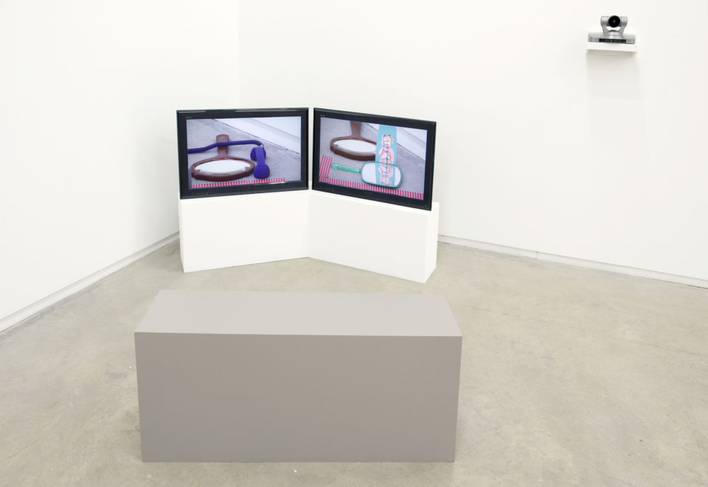Judy Radul, Clients and Workers, 2011, live and pre-recorded video, objects, tape, painted copper and aluminum, dimensions variable by 