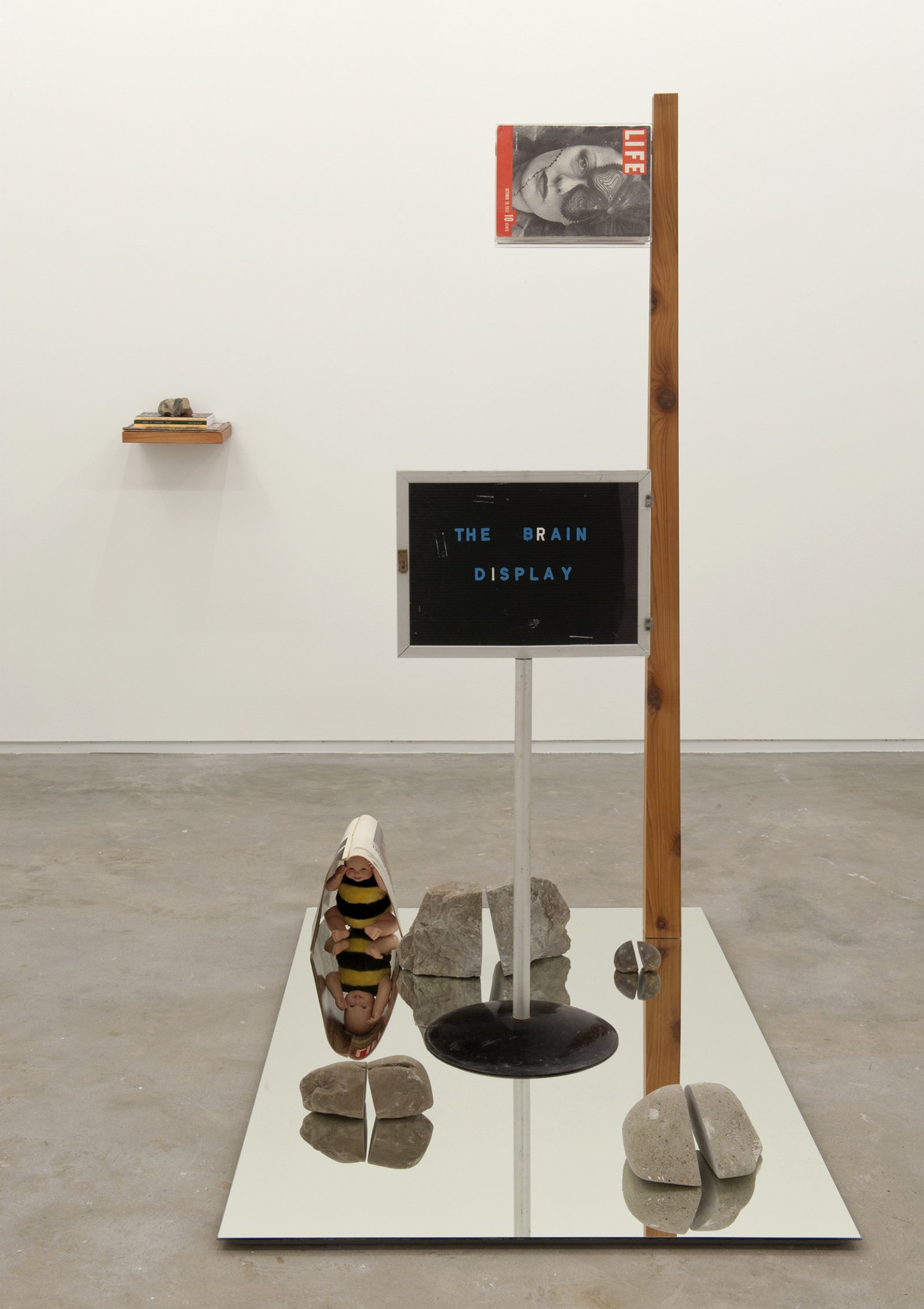 Judy Radul, The Brain Display, 2010, mirror, wood, 5 stones, plastic book holder, Life magazines, doll, 67 x 40 x 80 in. (170 x 102 x 203 cm) by Judy Radul