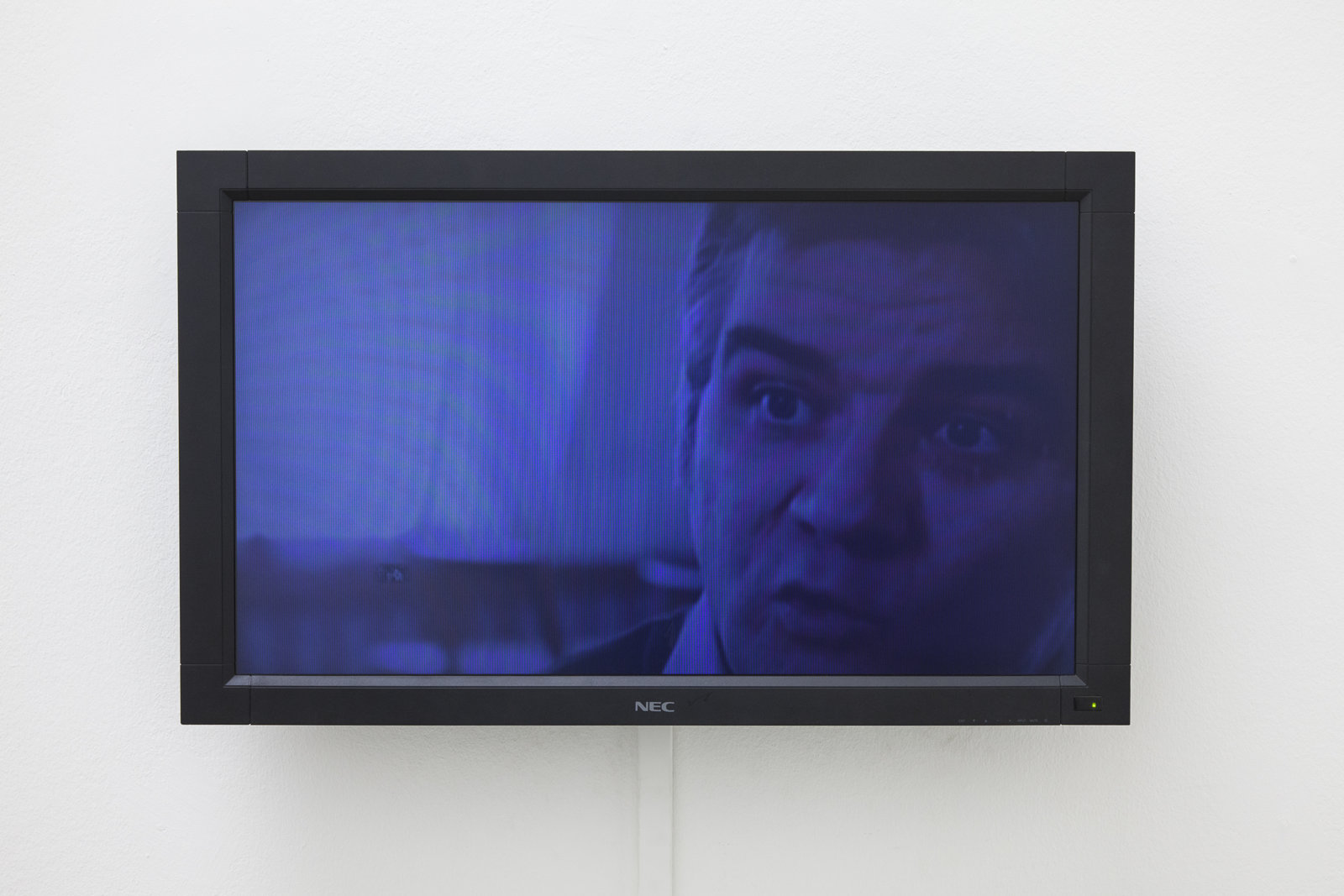Judy Radul, A CONTAINER CONTAINING NOT ONE TV (detail), 2013, powder coated steel, CRT television, 2 flatscreen televisions, local television signal, remote control, two live video cameras, maxmsp patch, dimensions variable. Installation view, This	is	Television,	Daadgalerie,	Berlin,	Germany, 2013