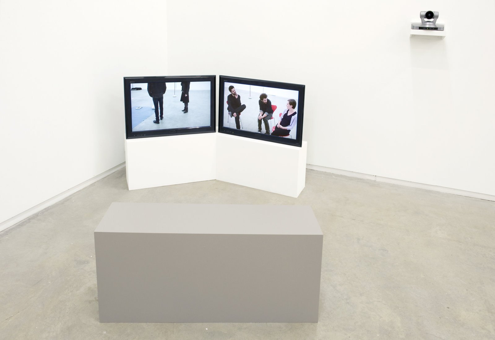 Judy Radul, Clients and Workers, 2011, live and pre-recorded video, objects, tape, painted copper and aluminum, dimensions variable