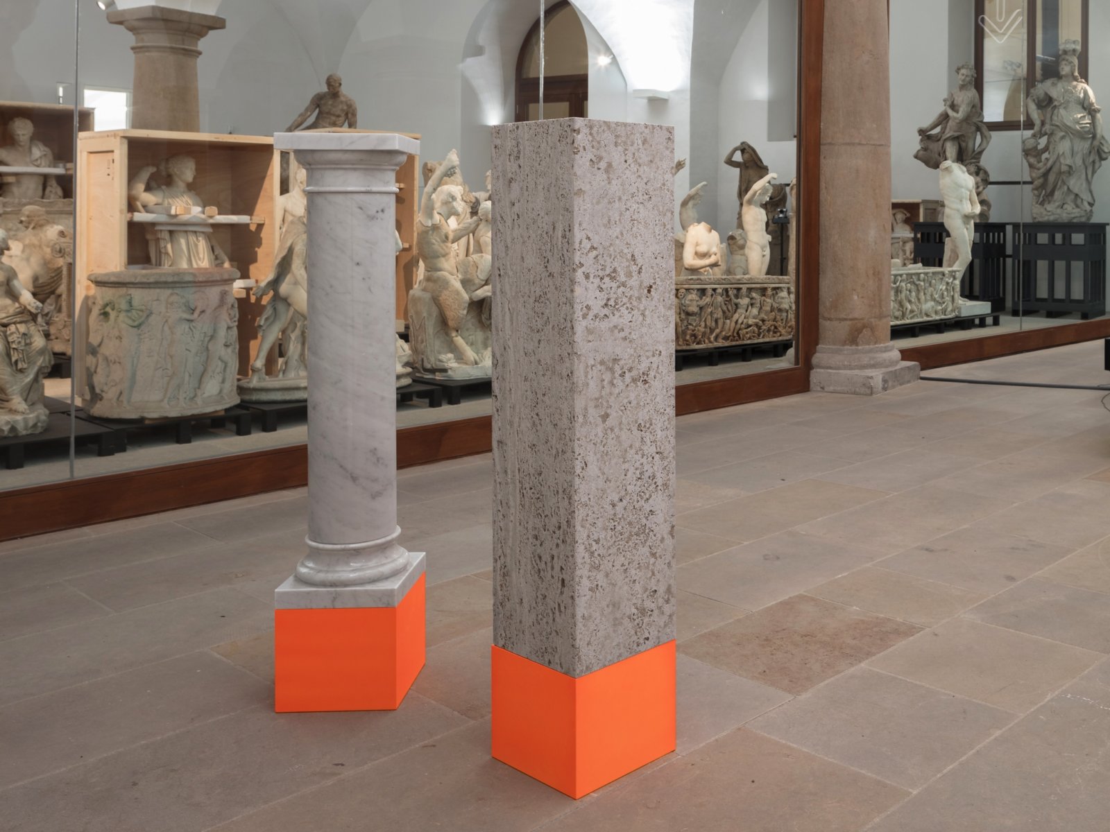 Judy Radul, Show Support, 2019, custom controlled live video camera system, historical plinths from Albertinum collection, bases painted in highlighter pen colours, dimensions variable. Installation view, Demonstrationsräume. Céline Condorelli, Kapwani Kiwanga, Judy Radul, Albertinum, Dresden, Germany, 2019