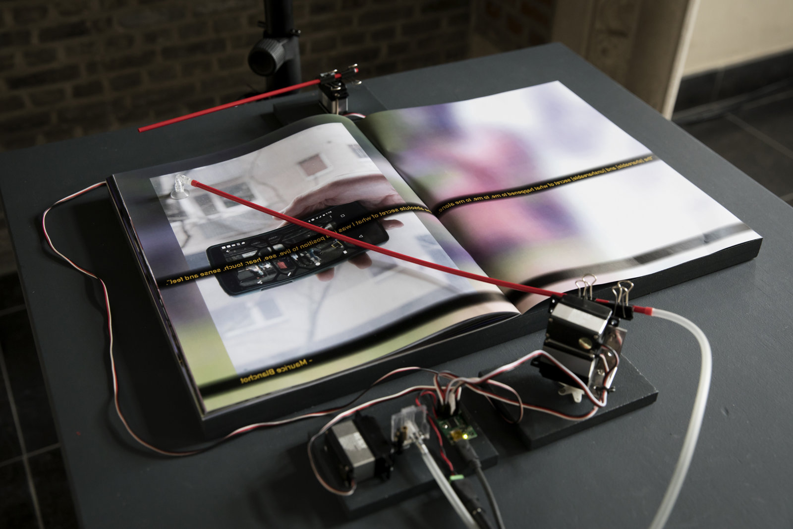Judy Radul, The Book of Glass (detail), 2017, multimedia installation, live cameras (HD teleconferencing cameras) with custom control system for camera choreography recording and playback, dimensions variable. Installation view, Planetary Records: Performing Justice Between Art and Law, Contour Biennale 8: Polyphonic Worlds: Justice as Medium, Mechelen, Belgium, 2017