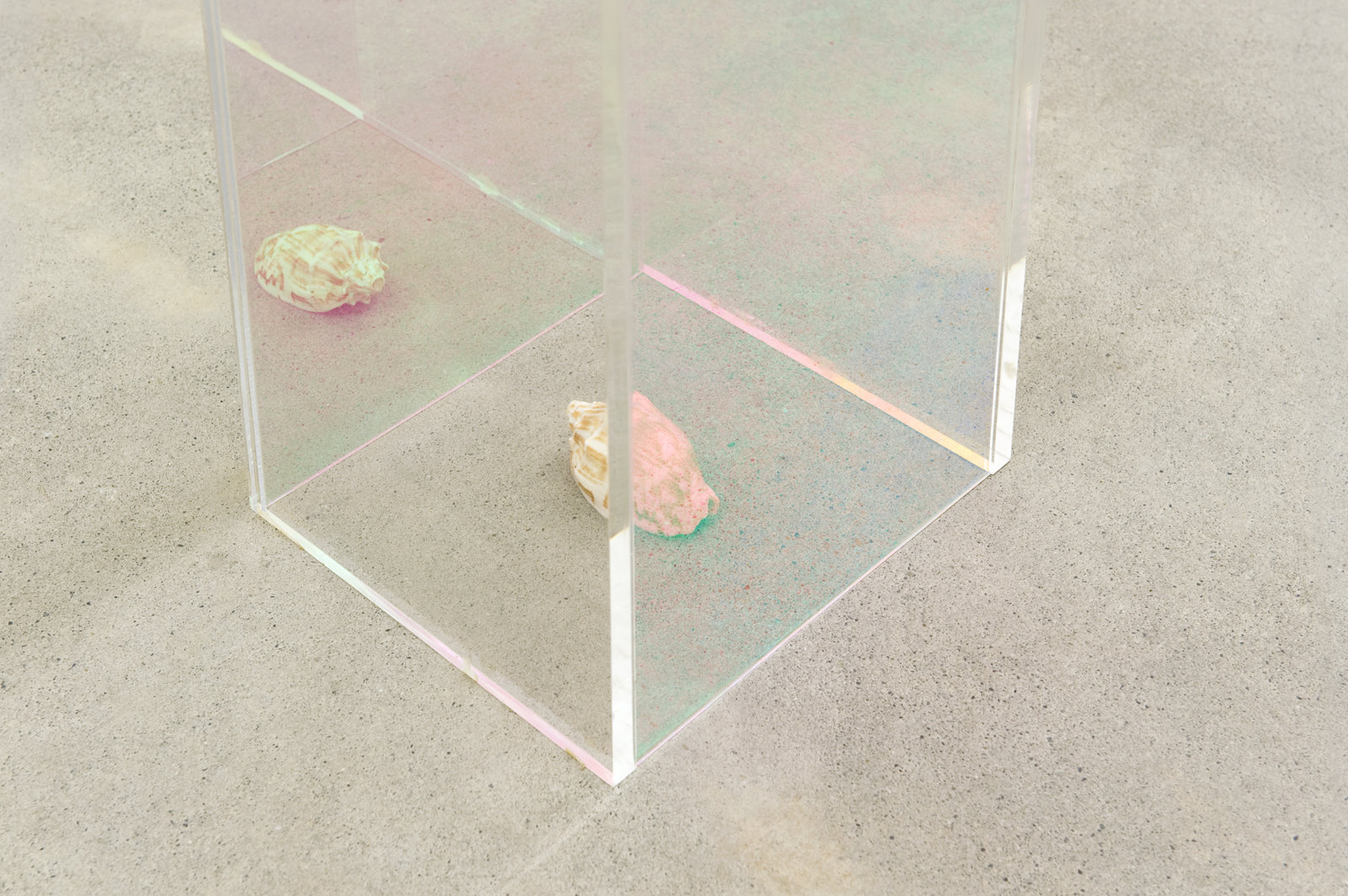 Judy Radul, Women and Film (detail), 2011, dichroic and clear acrylic, copy of Wide Angle magazine (vol. 6, no. 3, special issue on Feminism and Film, 1984), seashell, 60 x 8 x 9 in. (152 x 20 x 23 cm)