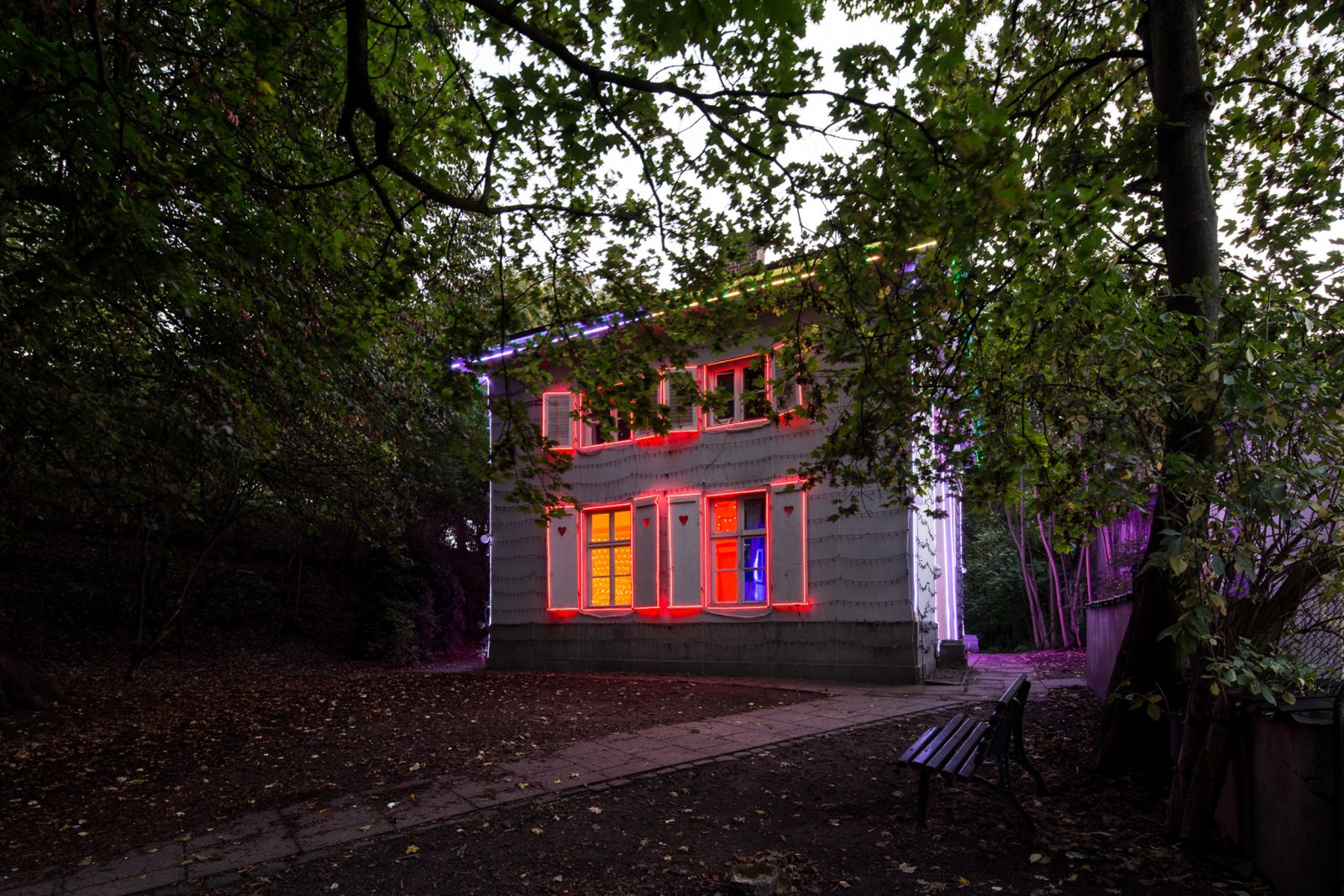 Kevin Schmidt, ...No One's Home, 2016, 40 minute soundtrack, animation sequence, electronic controls, led christmas lights, rgb light strips, radio broadcaster, radio receivers, wire. Installation view, Lichtparcours Braunschweig, 2016