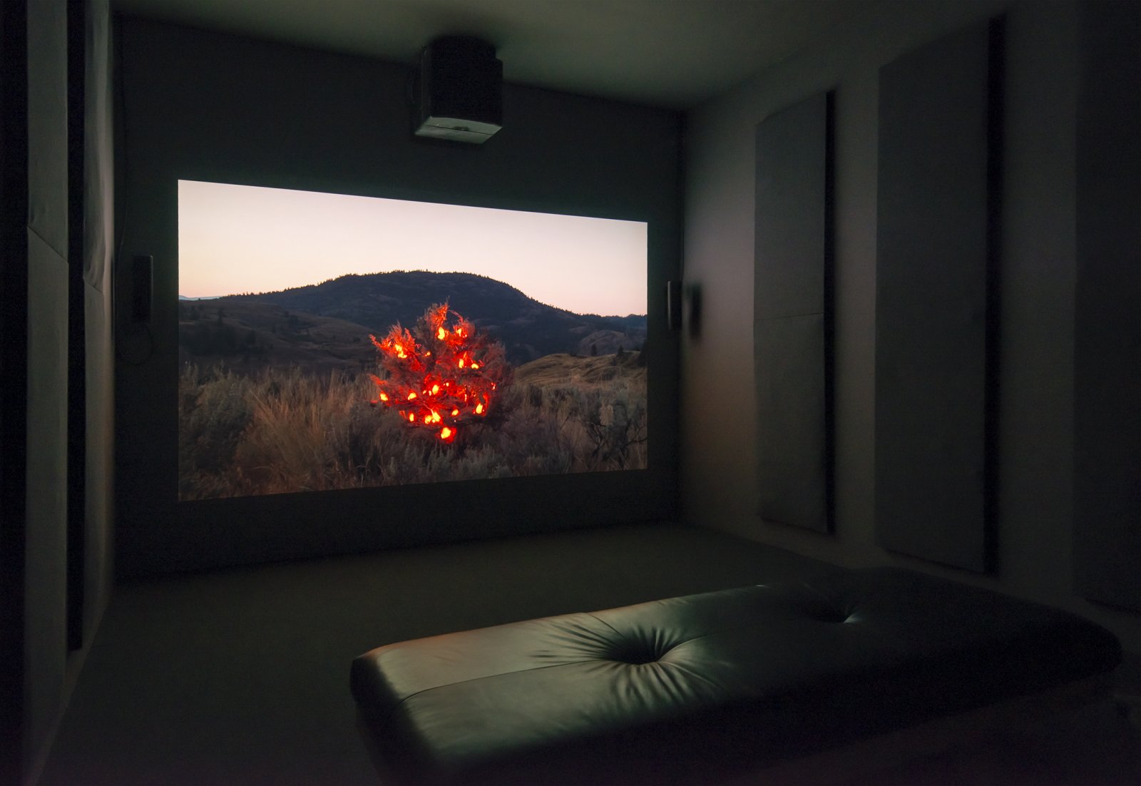Kevin Schmidt, Burning Bush, 2005, HD video loop, 5 hours, 3 minutes. Installation view, The Commons, Kamloops Art Gallery, Kamloops, Canada, 2015