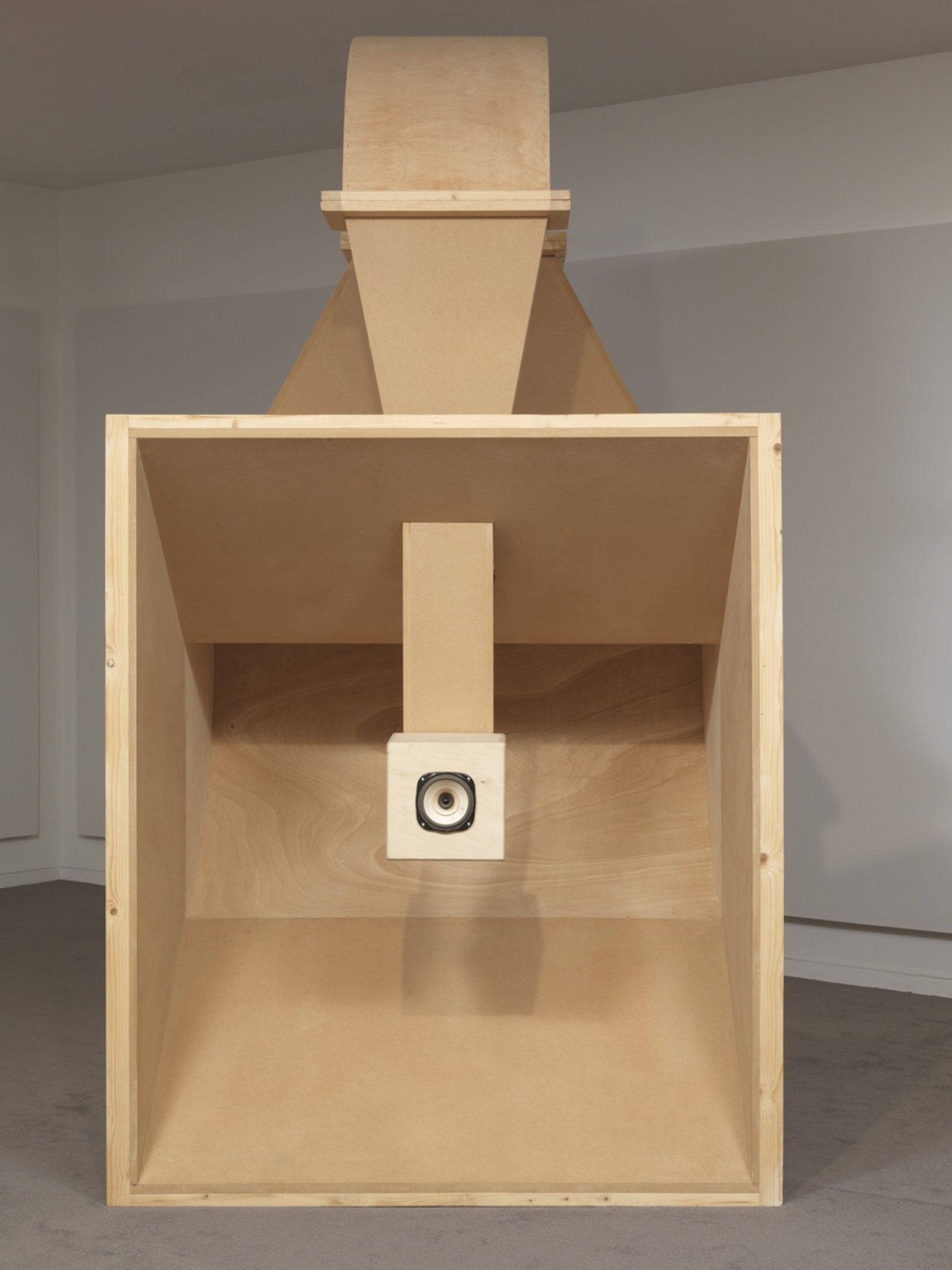 Kevin Schmidt, DIY HIFI, 2014, wood, lowther dx55 speakers, diy kit tube amplifier, record player, cables, hardware, canvas, reel-to-reel tape recorder, field recording of future site c dam site, each speaker 117 x 55 x 61 in. (297 x 139 x 154 cm). Installation view, We Are the Robots, Vancouver Art Gallery, Vancouver, 2018