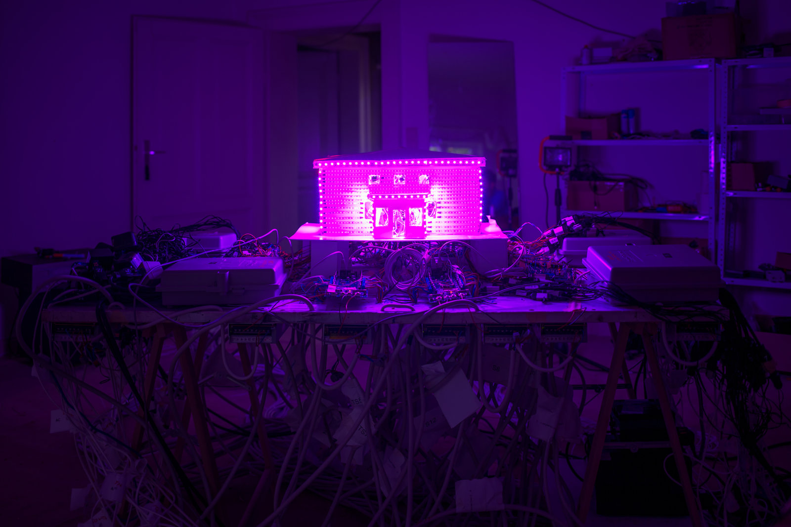 Kevin Schmidt, ...No One's Home (detail), 2016, 40 minute soundtrack, animation sequence, electronic controls, led christmas lights, rgb light strips, radio broadcaster, radio receivers, wire. Installation view, Lichtparcours Braunschweig, 2016