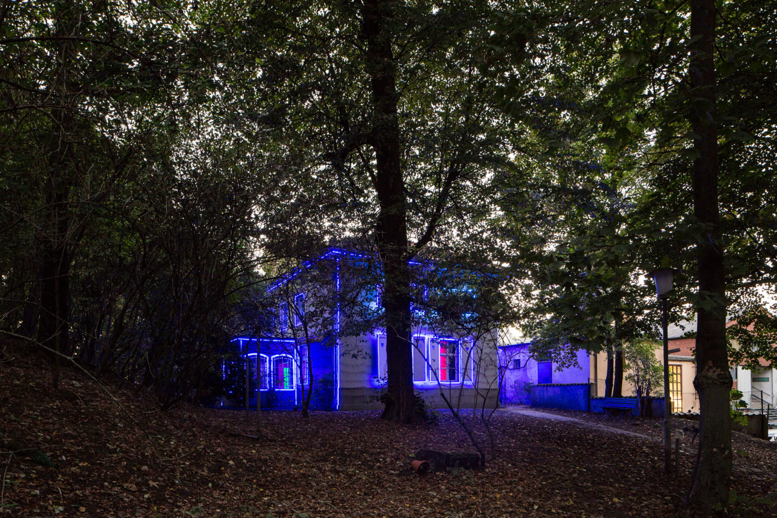 Kevin Schmidt, ...No One's Home, 2016, 40 minute soundtrack, animation sequence, electronic controls, led christmas lights, rgb light strips, radio broadcaster, radio receivers, wire. Installation view, Lichtparcours Braunschweig, 2016