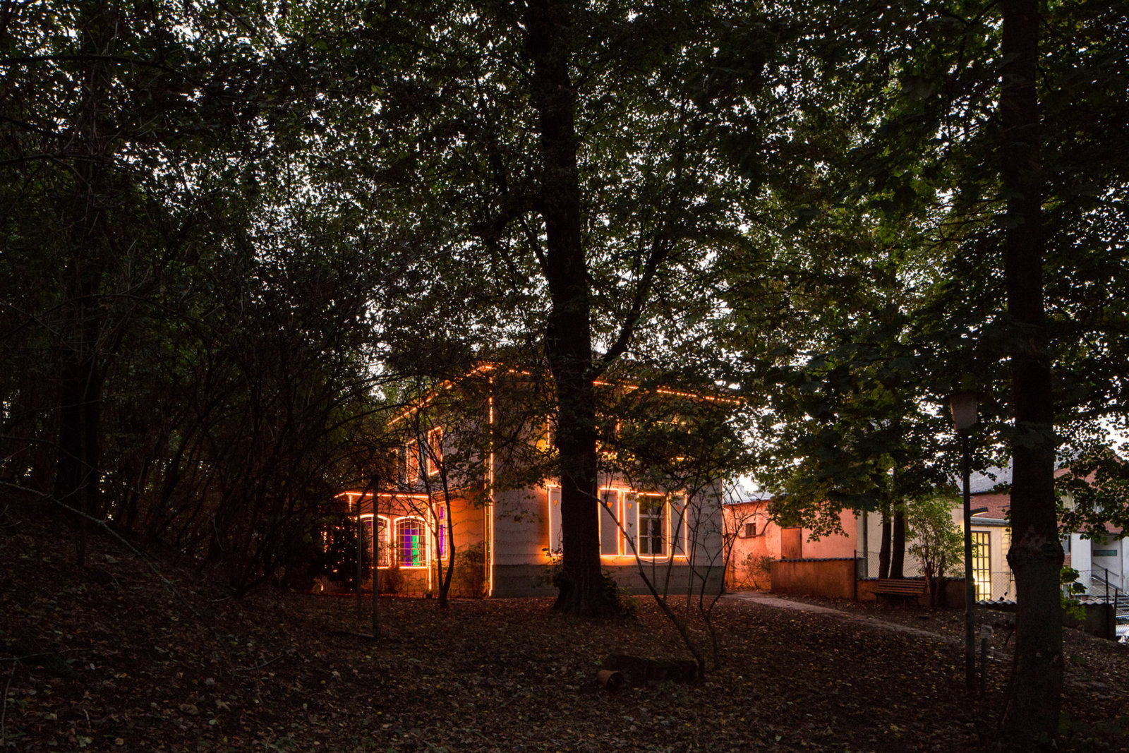 Kevin Schmidt, ...No One's Home, 2016, 40 minute soundtrack, animation sequence, electronic controls, led christmas lights, rgb light strips, radio broadcaster, radio receivers, wire. Installation view, Lichtparcours Braunschweig, 2016