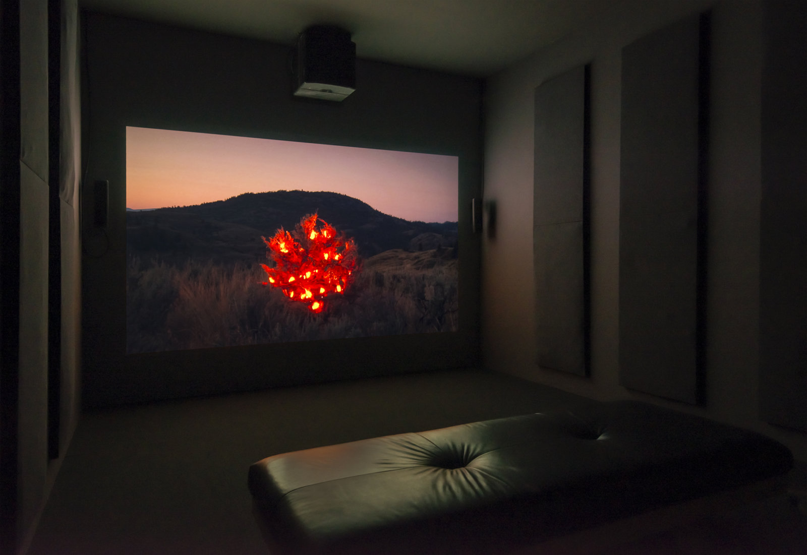 Kevin Schmidt, Burning Bush, 2005, HD video loop, 5 hours, 3 minutes. Installation view, The Commons, Kamloops Art Gallery, Kamloops, Canada, 2015