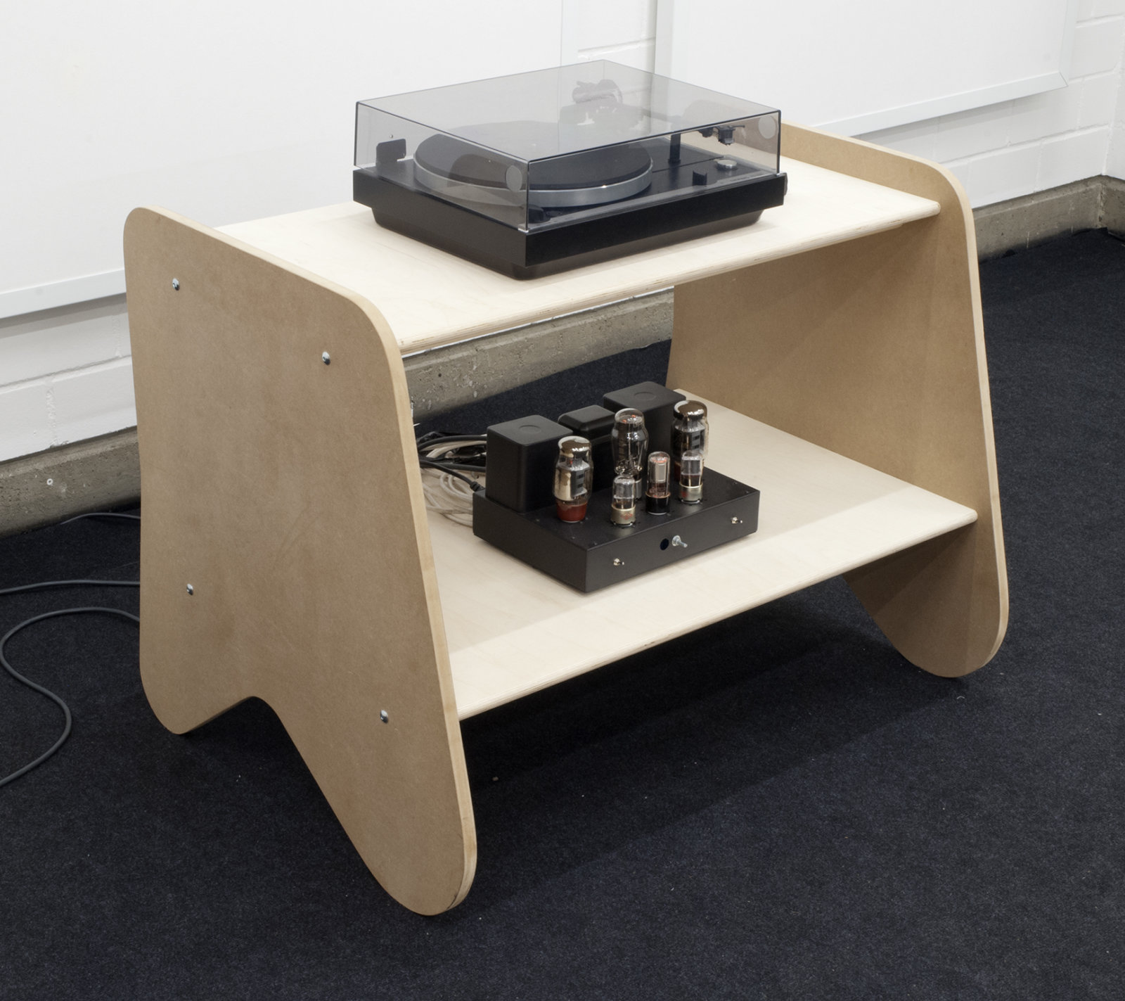 Kevin Schmidt, DIY HIFI, 2014, wood, lowther dx55 speakers, DIY kit tube amplifier, record player, canvas, cables, hardware, each 117 x 55 x 61 in. (297 x 139 x 154 cm). Installation view, Braunschweig PROJECTS, Hochschule für Bildende Künste Braunschweig, Braunschweig, Germany, 2014