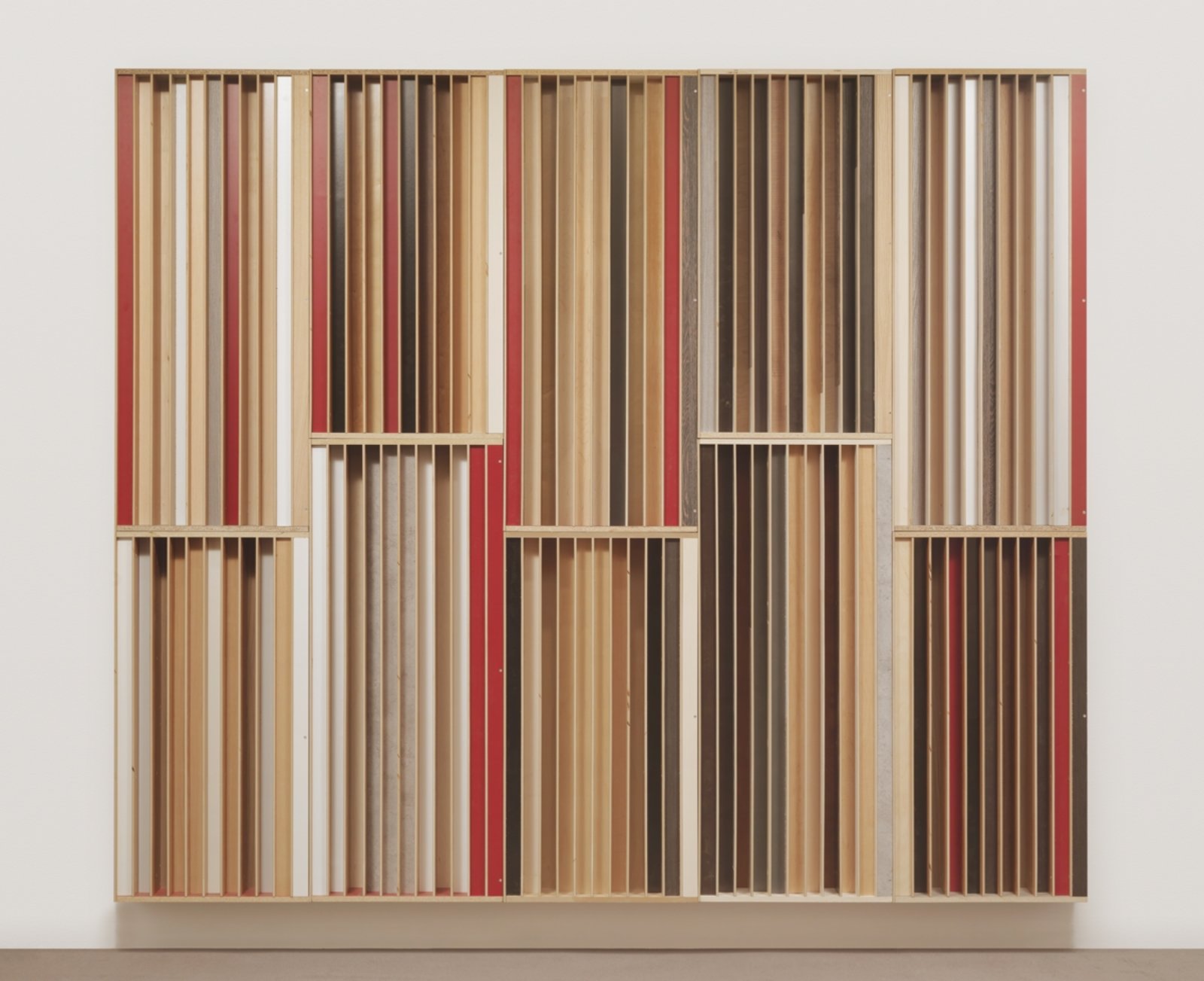 Kevin Schmidt, Excess Dispersion #1, 2018, kitchen cabinet and countertop offcuts, waste mdf laminate, 3 groups of 40 panels, dimensions variable. Installation view, We Are the Robots, Vancouver Art Gallery, Vancouver, 2018
