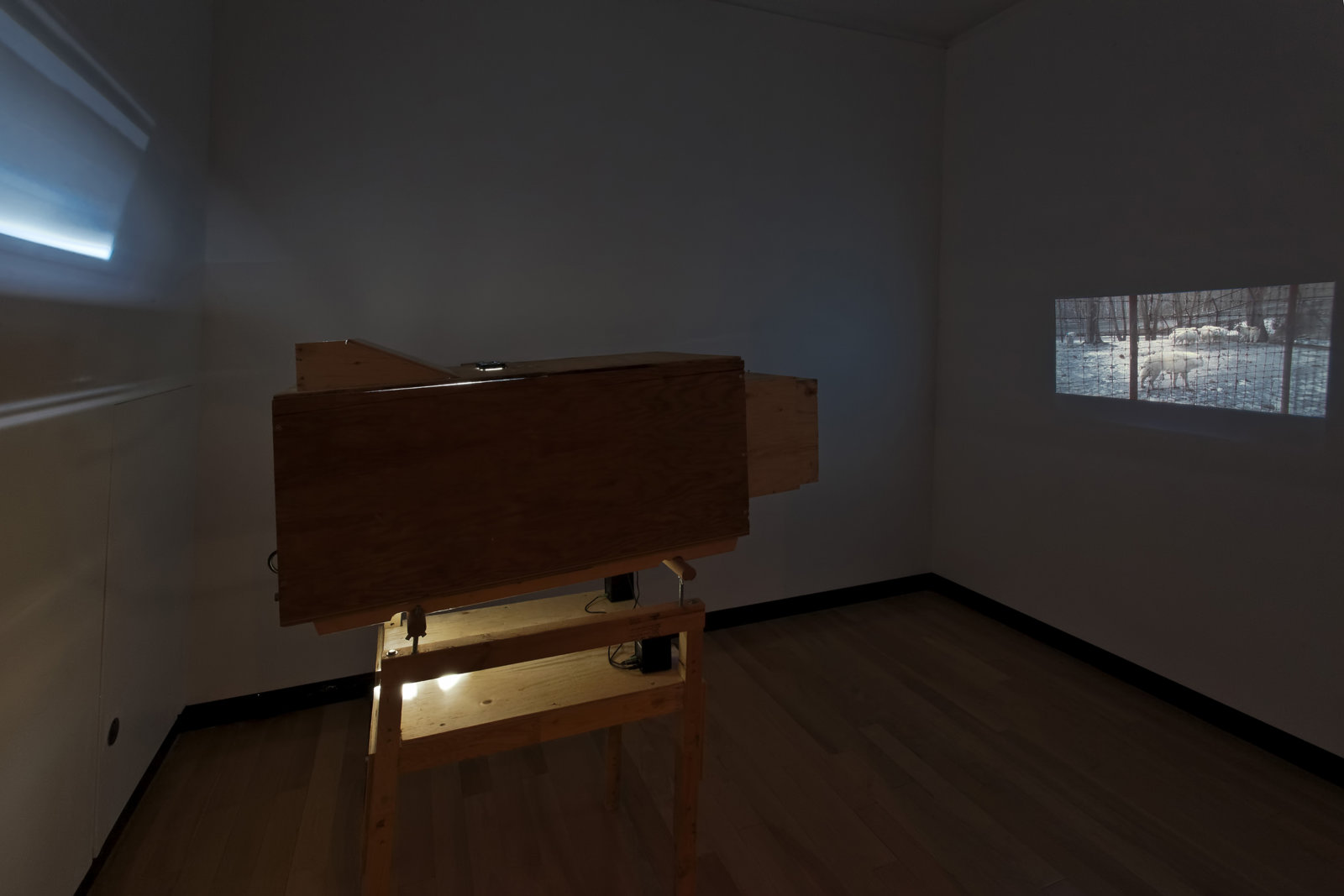 Kevin Schmidt, Sad Wolf, 2006, custom-made HD video projector, 48 x 24 x 48 in. (122 x 61 x 122 cm), HD video, 4 minutes, 11 seconds. Installation view, Don't Stop Believing,	Justina M. Barnicke Gallery, Toronto, 2011