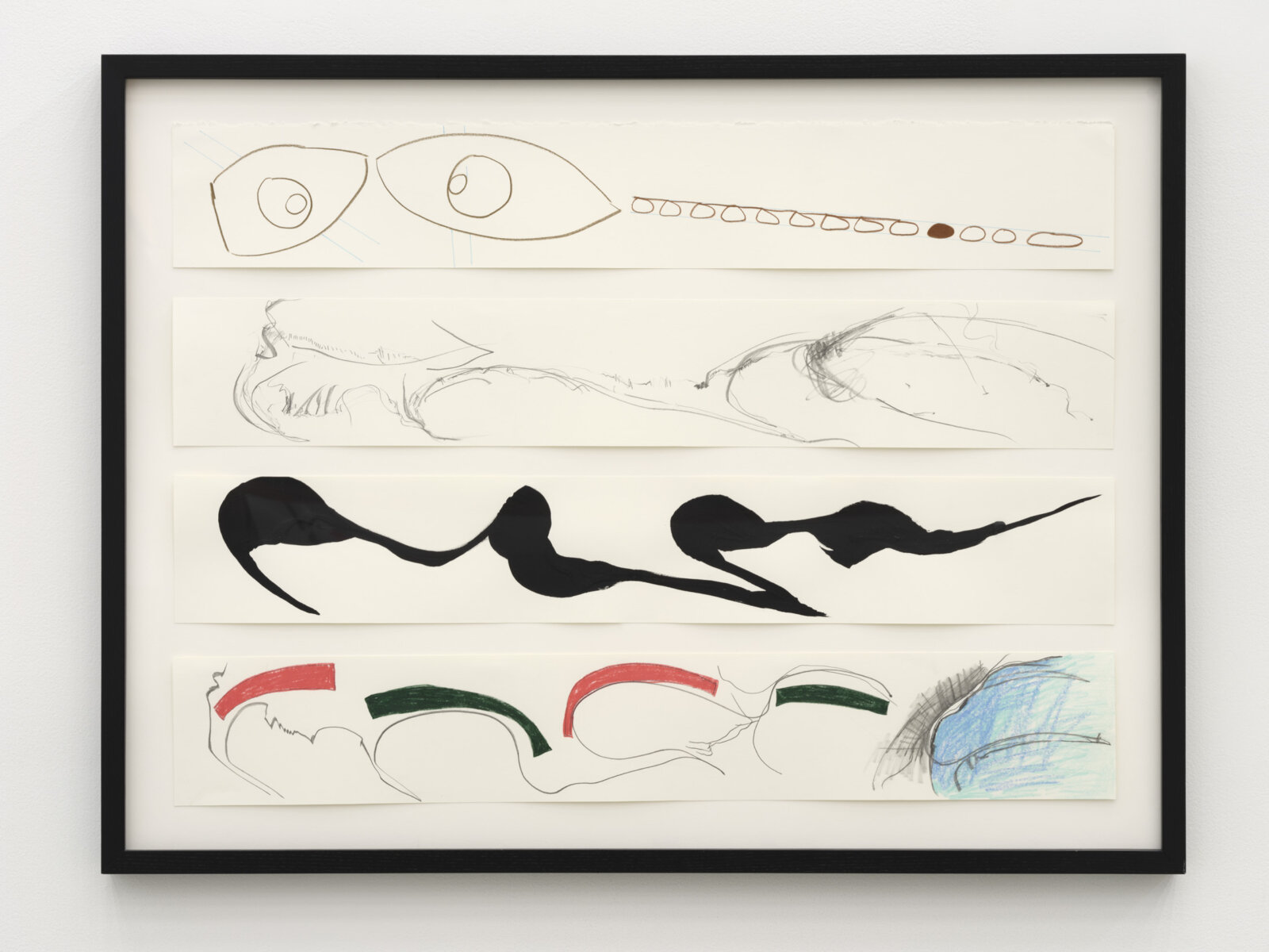 Jessica Stockholder, 4 framed strip drawings, 2014–2015, drawings on paper, pencil, ink, coloured pencil, 27 x 35 in. (67 x 88 cm)