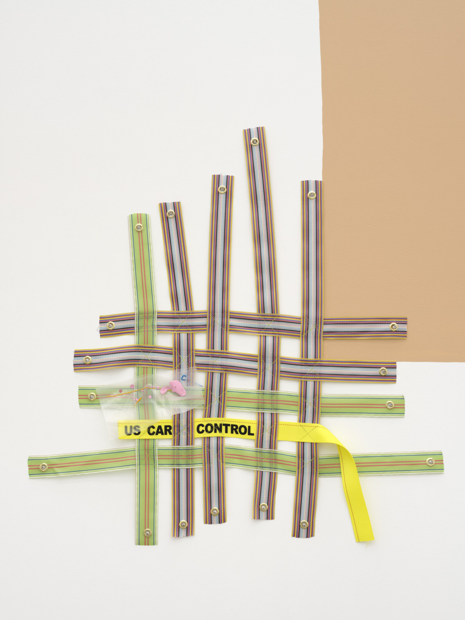 Jessica Stockholder, Cargo (detail), 2025, plastic webbing, cloth webbing, thread, plastic, acrylic paint, hardware, dimensions variable