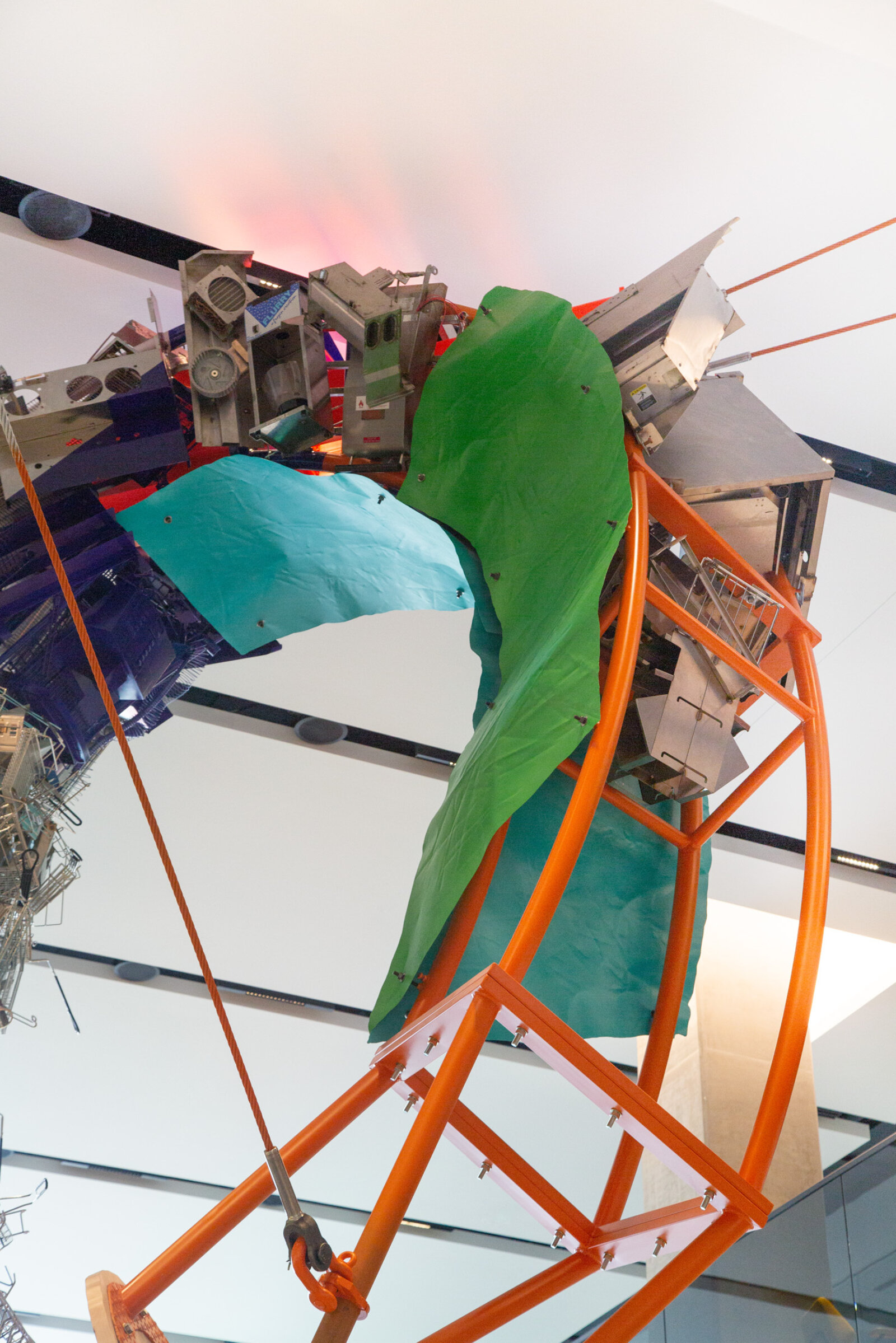 Jessica Stockholder, Cloud Storage (detail), 2018, metal, cable, hardware, machines from McDonald’s kitchens, 240 x 168 x 60 in. (610 x 427 x 152 cm). Installation view, McDonald’s Global Headquarters, Chicago, USA