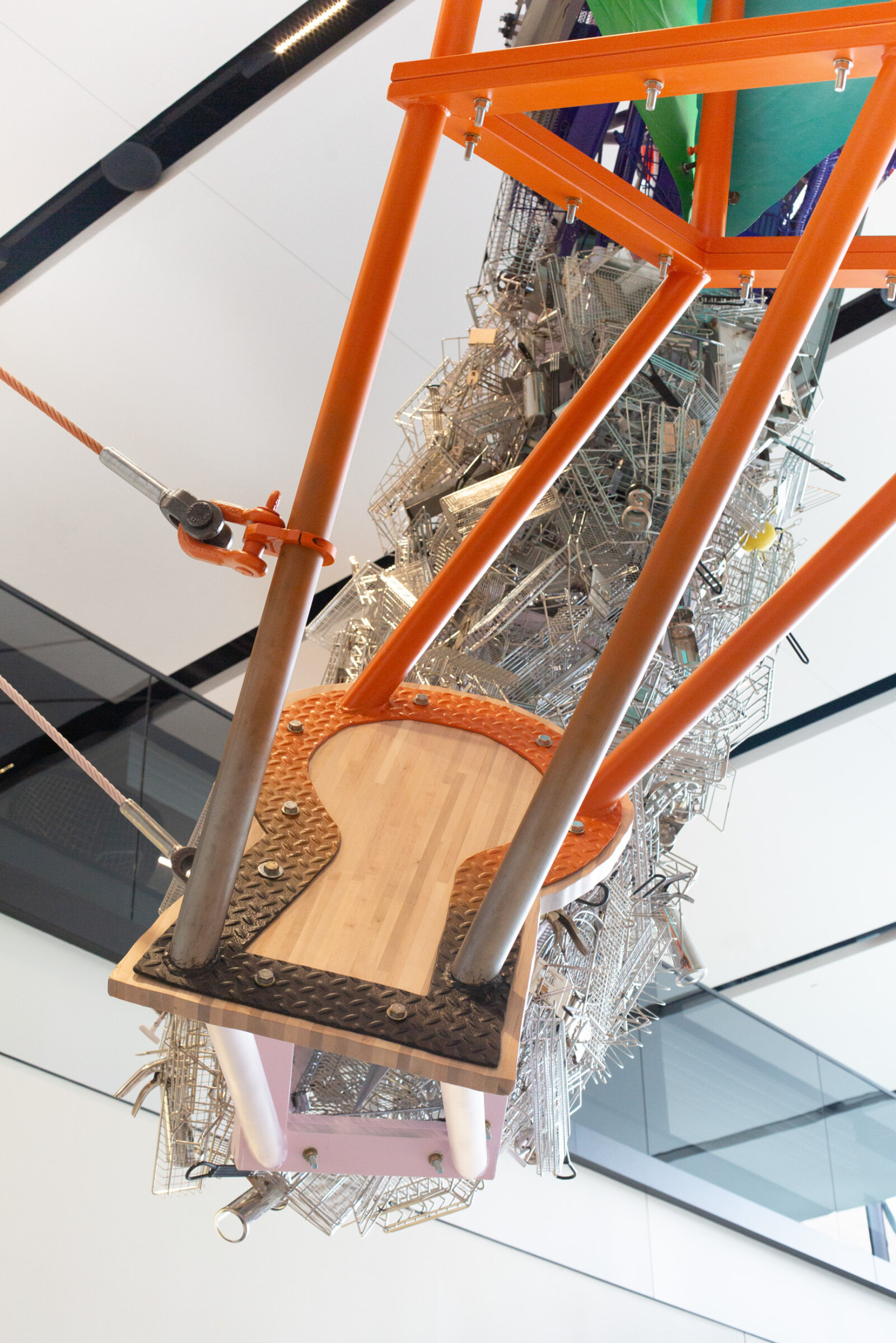 Jessica Stockholder, Cloud Storage (detail), 2018, metal, cable, hardware, machines from McDonald’s kitchens, 240 x 168 x 60 in. (610 x 427 x 152 cm). Installation view, McDonald’s Global Headquarters, Chicago, USA