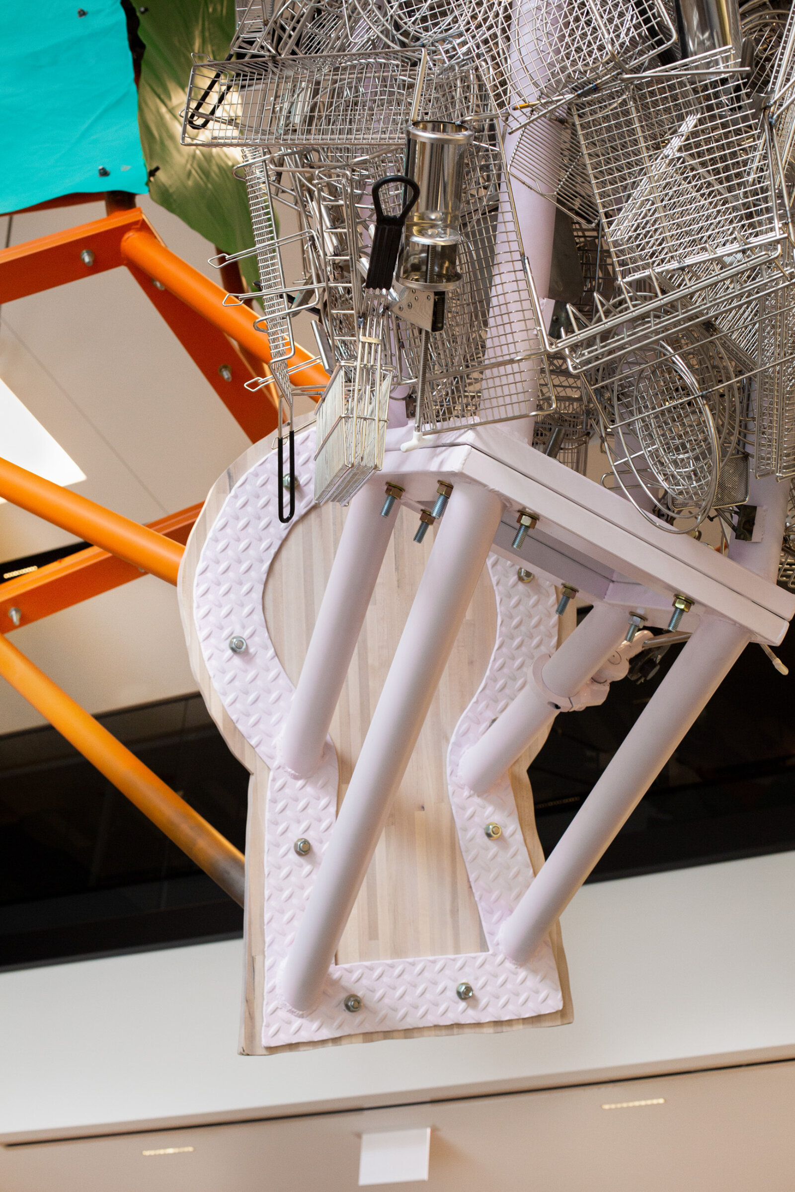 Jessica Stockholder, Cloud Storage (detail), 2018, metal, cable, hardware, machines from McDonald’s kitchens, 240 x 168 x 60 in. (610 x 427 x 152 cm). Installation view, McDonald’s Global Headquarters, Chicago, USA